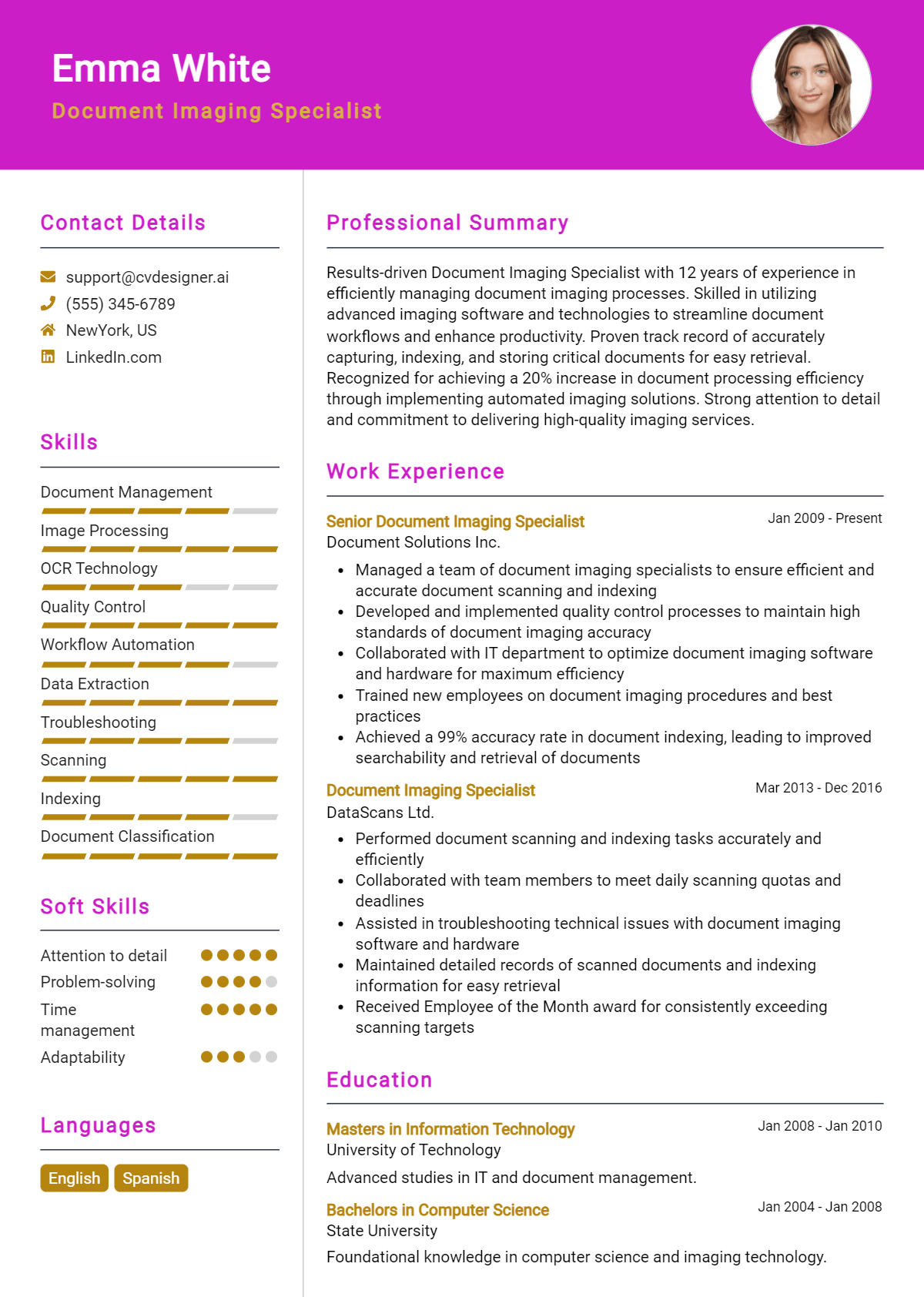 Document Imaging Specialist Resume Example for 2026: Top CV Skills Preview