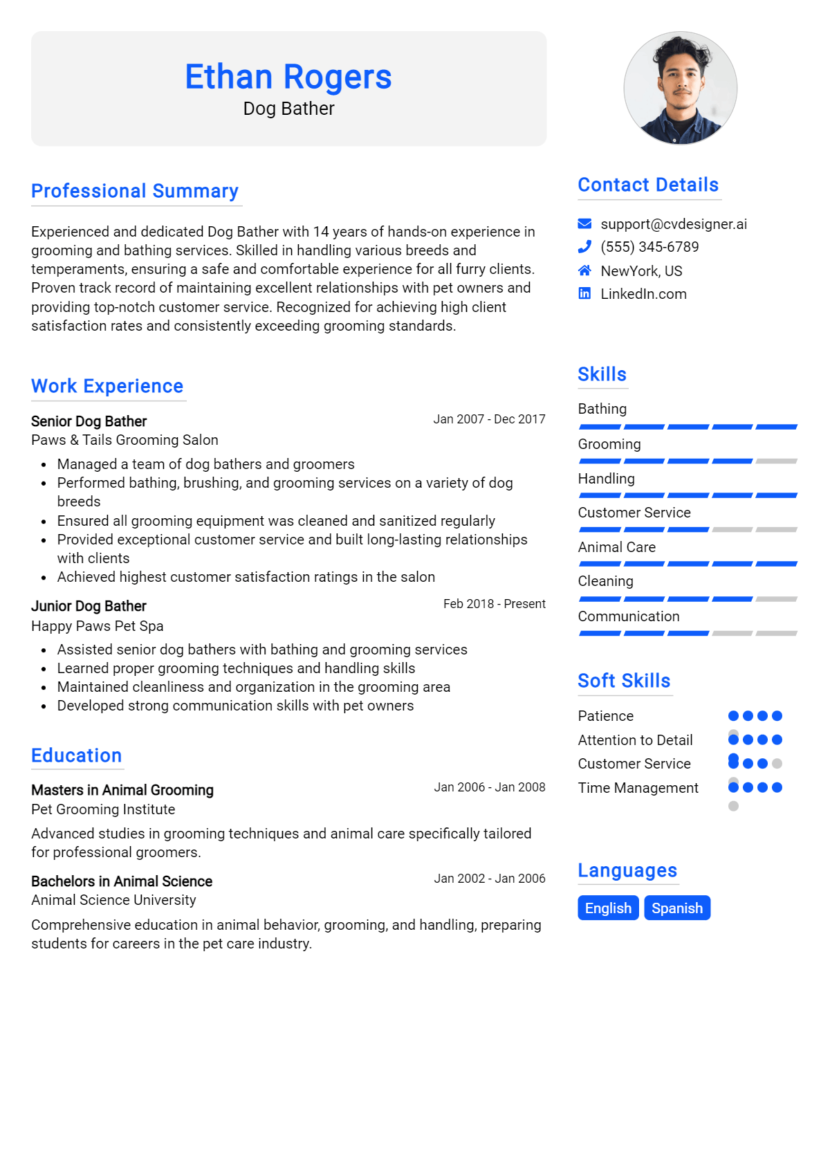 Dog Bather Resume Example for 2026: Free Professional Templates Preview
