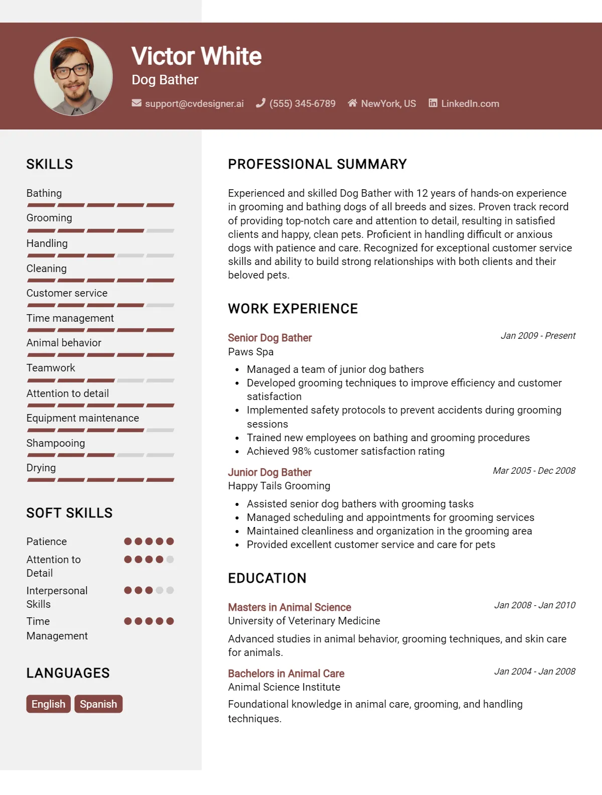 Dog Bather CV Example For 2026: Top CV Skills Preview