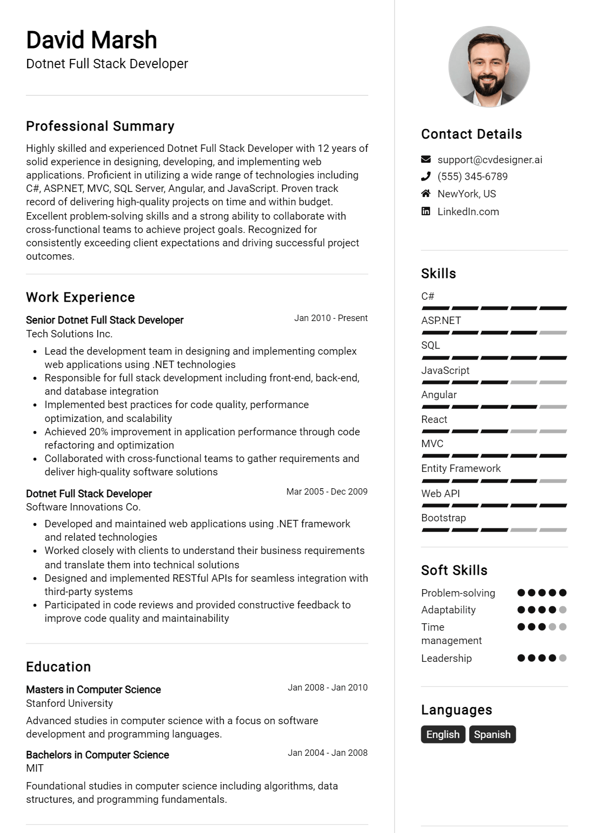 Dotnet Full Stack Developer CV Example for 2026: Free Professional Templates Preview