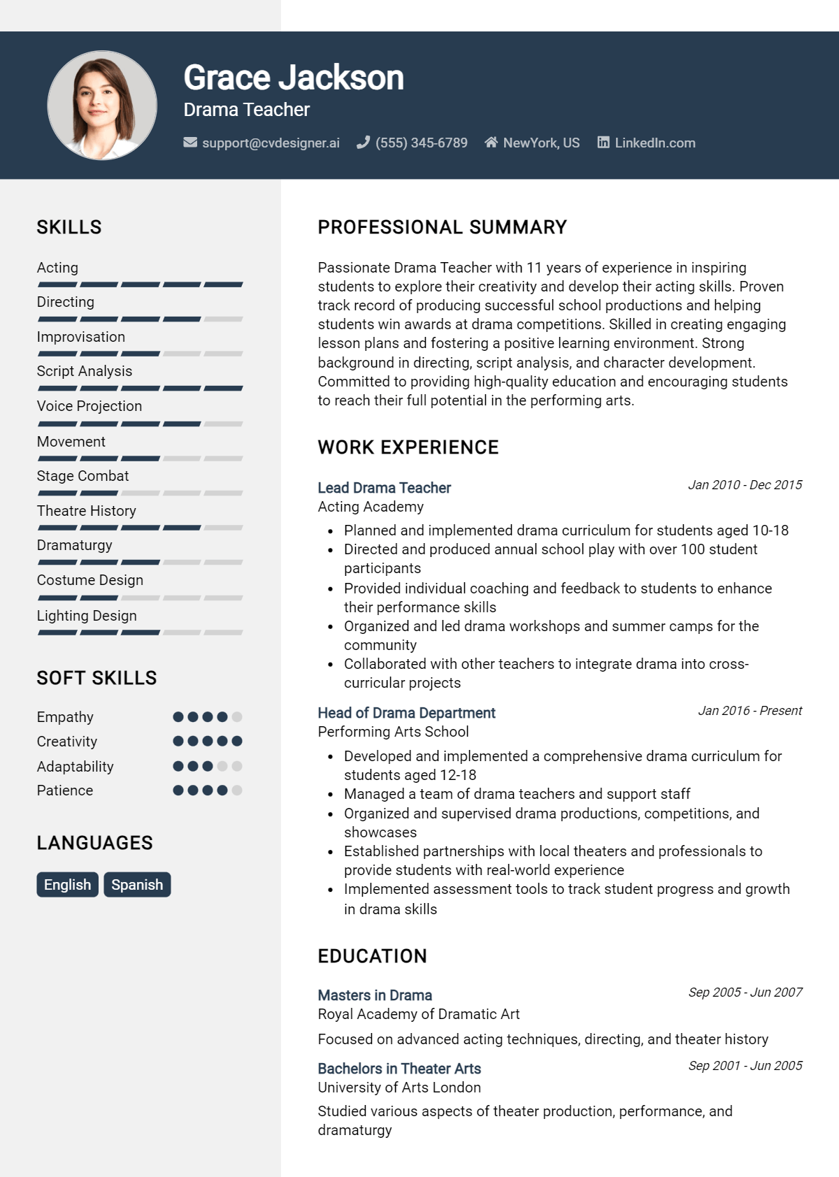 Drama Teacher Resume Example for 2026: Examples & Free Templates Preview