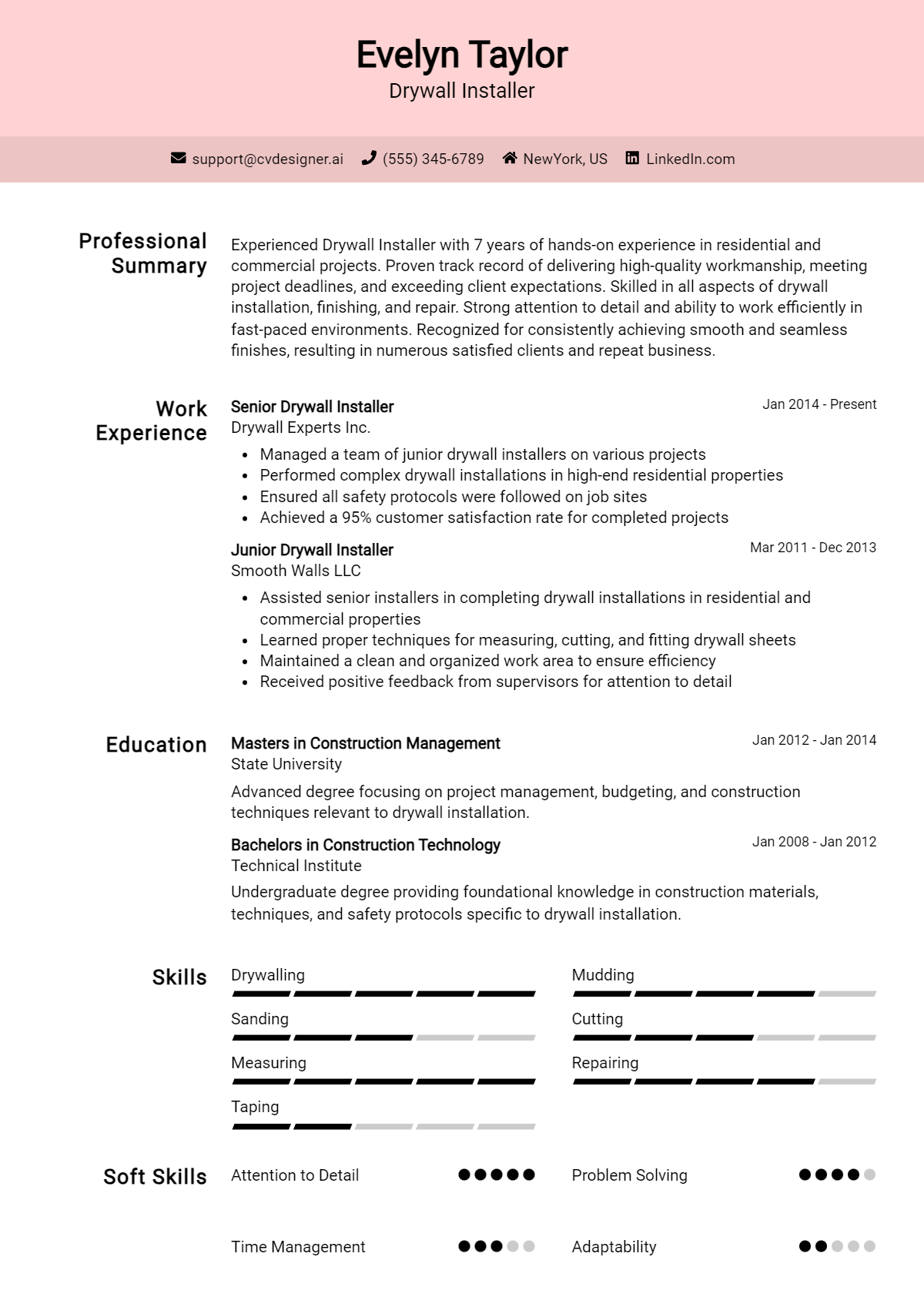 Drywall Installer Resume Example for 2026: Best Writing Guide Preview