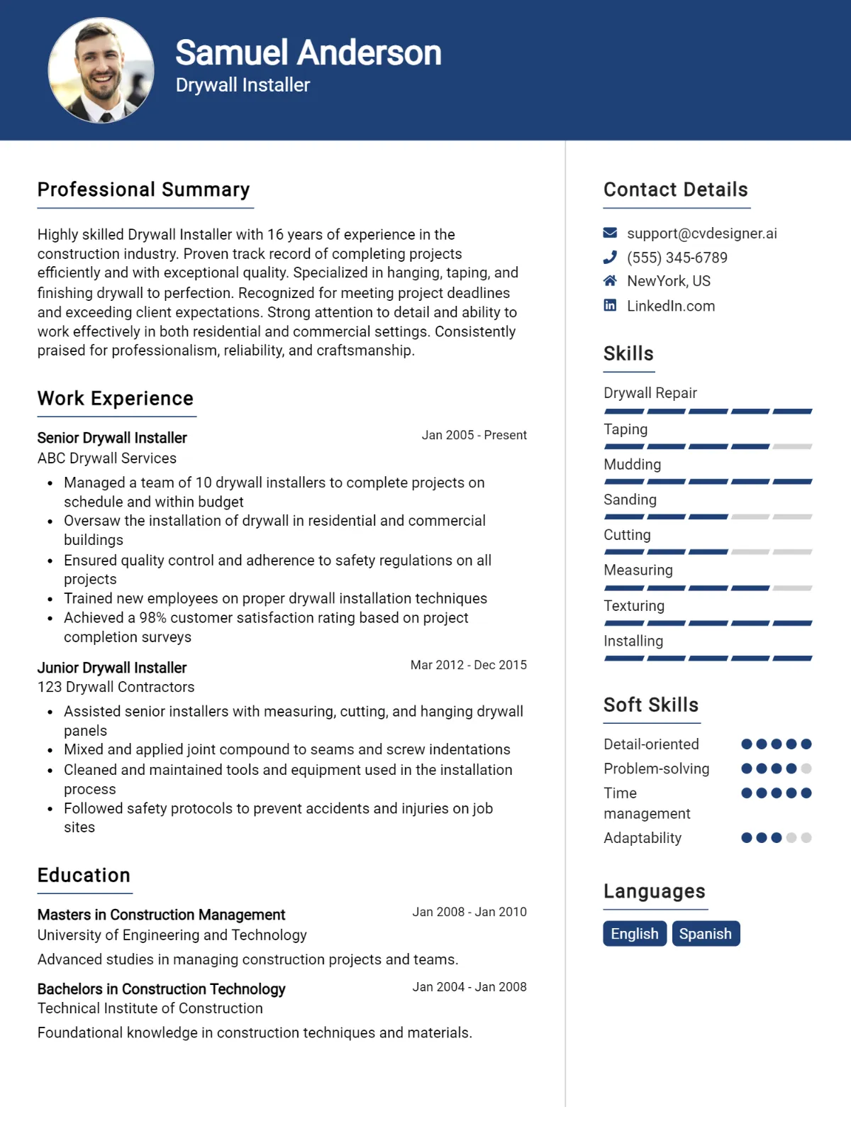 Drywall Installer CV Example For 2026: Best Writing Guide Preview