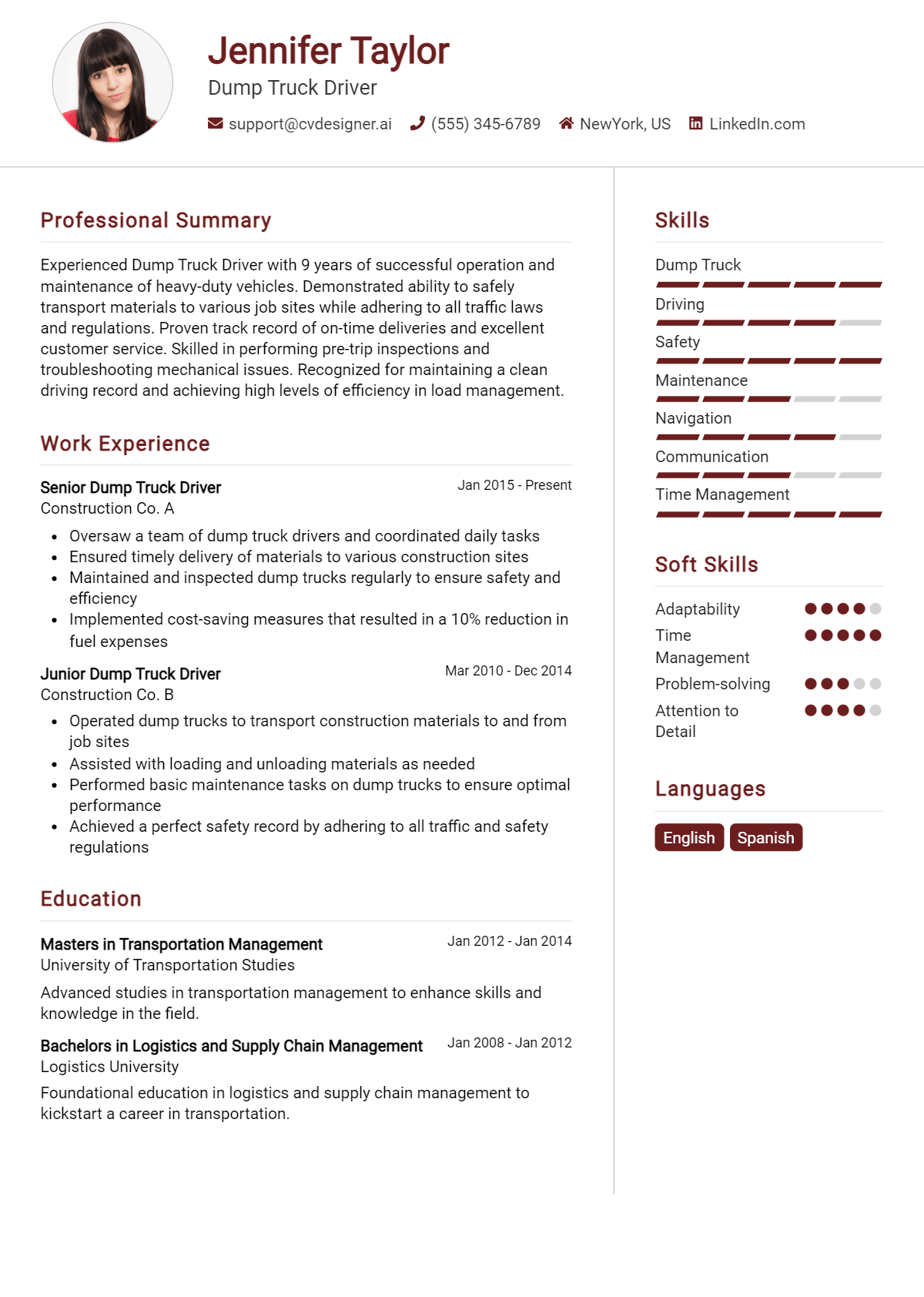 22 Dump Truck Driver Resume Examples for 2026: Professional CV Templates Preview