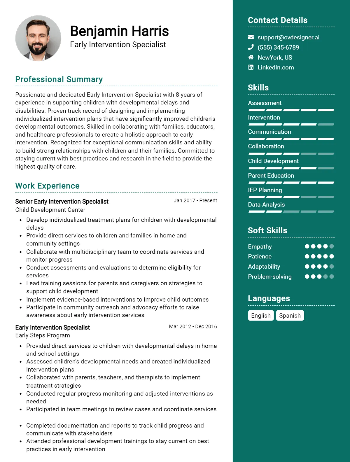 Early Intervention Specialist CV Example For 2026: Professional CV Templates Preview