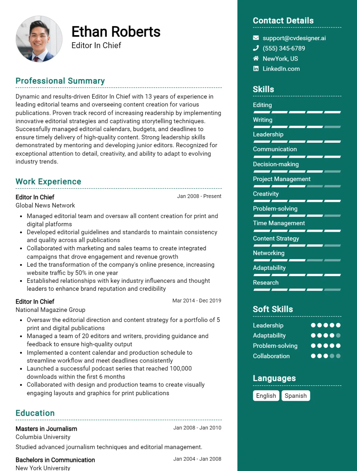 Editor In Chief CV Example For 2026: Professional CV Templates Preview