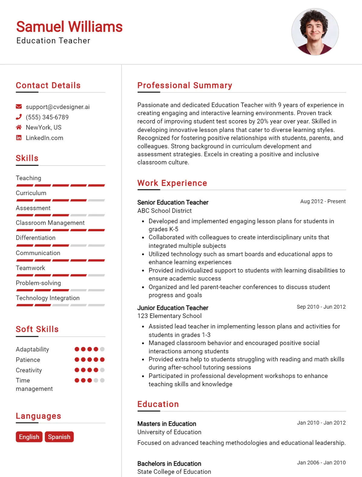 Education Teacher CV Example For 2026: Examples & Free Templates Preview
