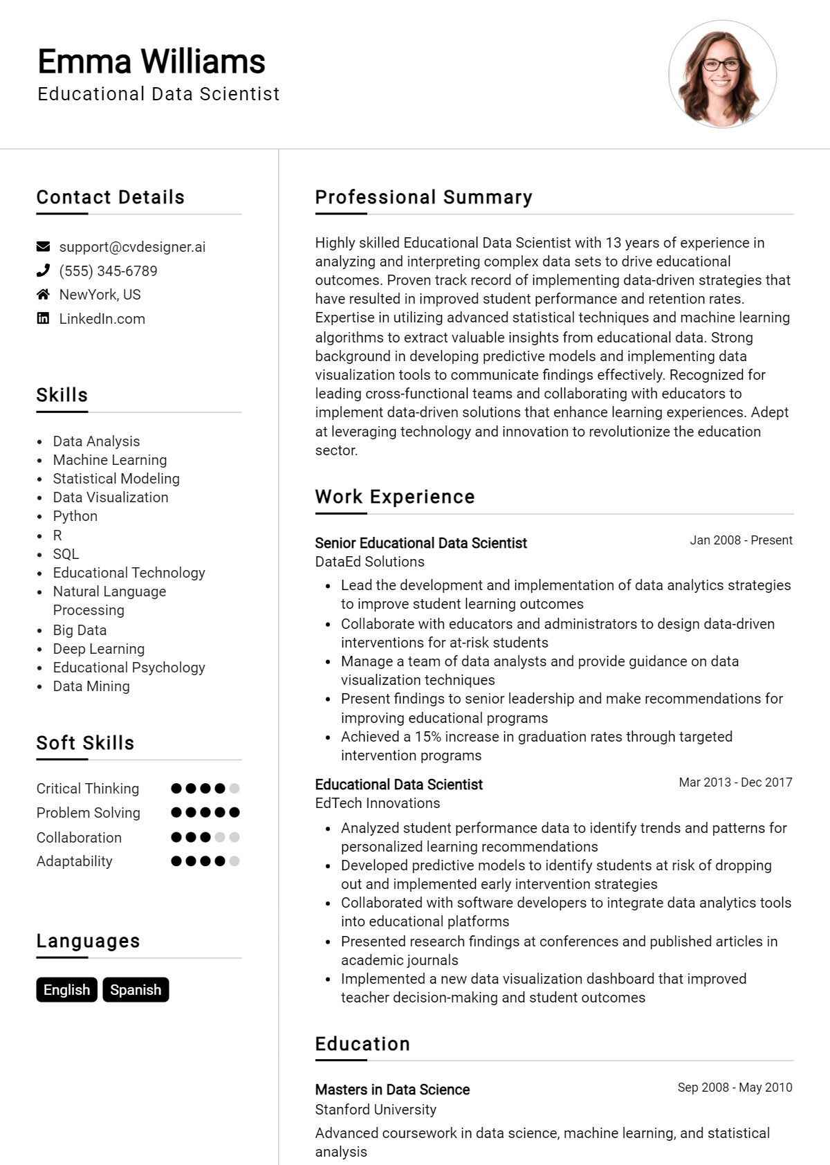 Educational Data Scientist CV Example for 2026: Free Professional Templates Preview