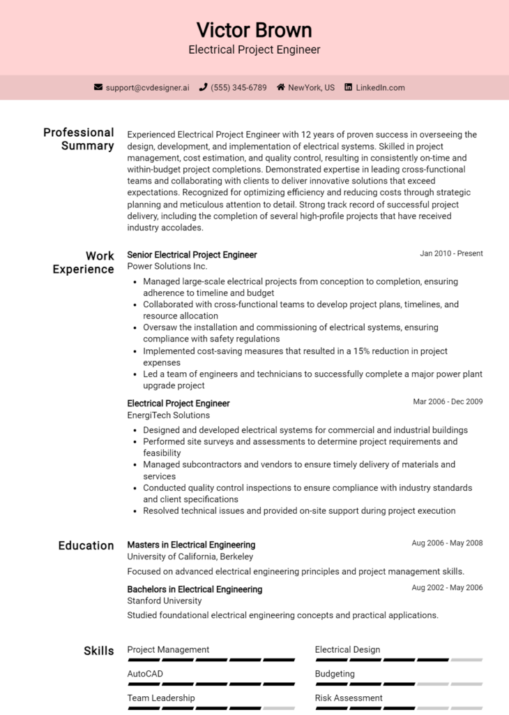 Electrical Project Engineer Resume Example
