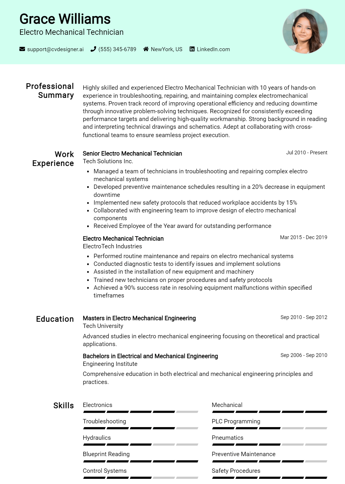 6 Electro Mechanical Technician Resume Examples And Templates for 2026 Preview