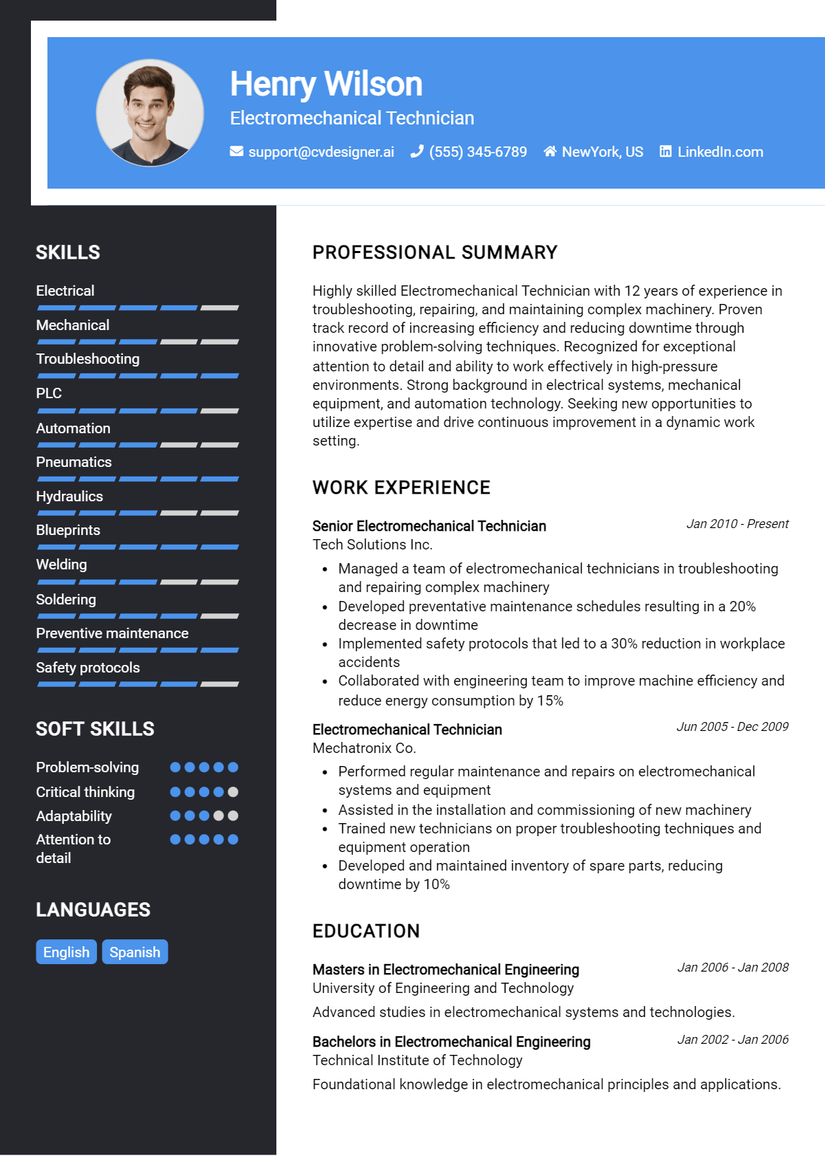 Electromechanical Technician Resume Example for 2026: How to Craft a Winning CV Preview