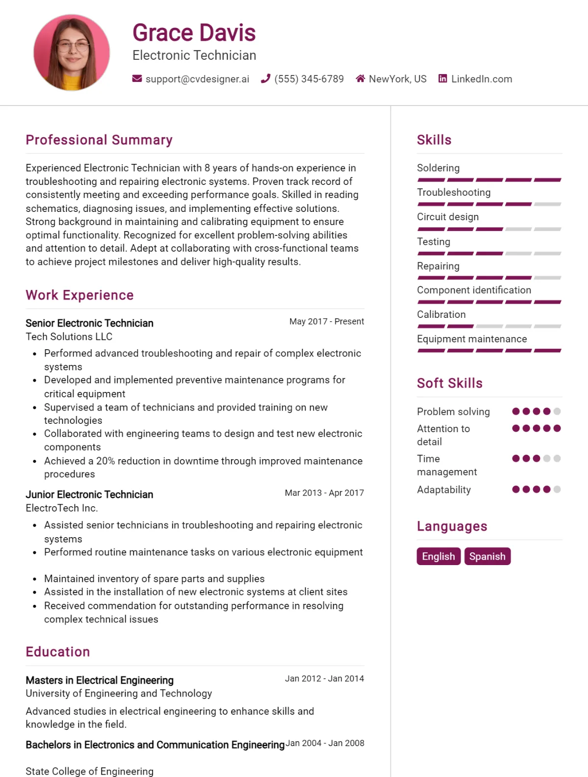 Electronic Technician CV Example For 2026: Top Tips & Samples Preview