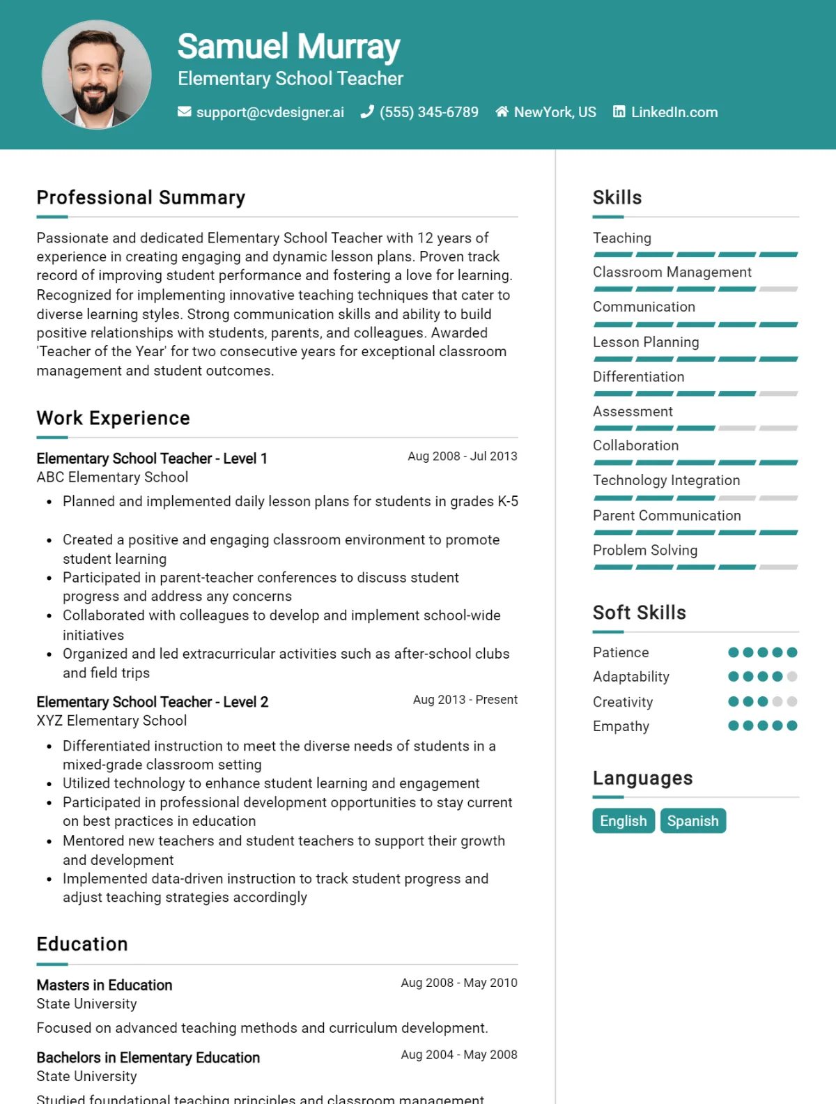 Elementary School Teacher CV Example For 2026: Professional CV Templates Preview