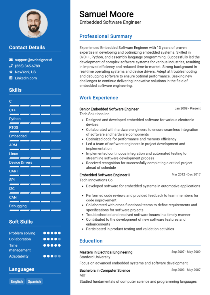 Embedded Software Engineer Resume Example