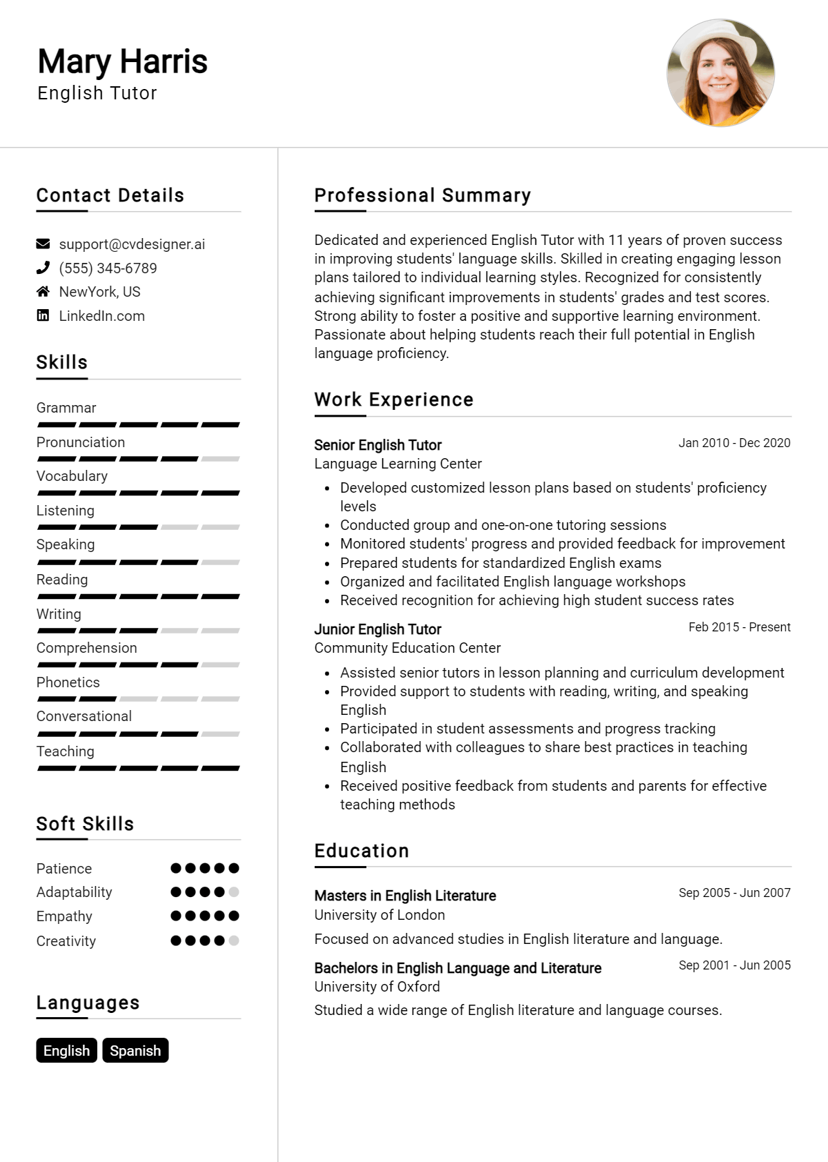 English Tutor Resume Example for 2026: How to Craft a Winning CV Preview