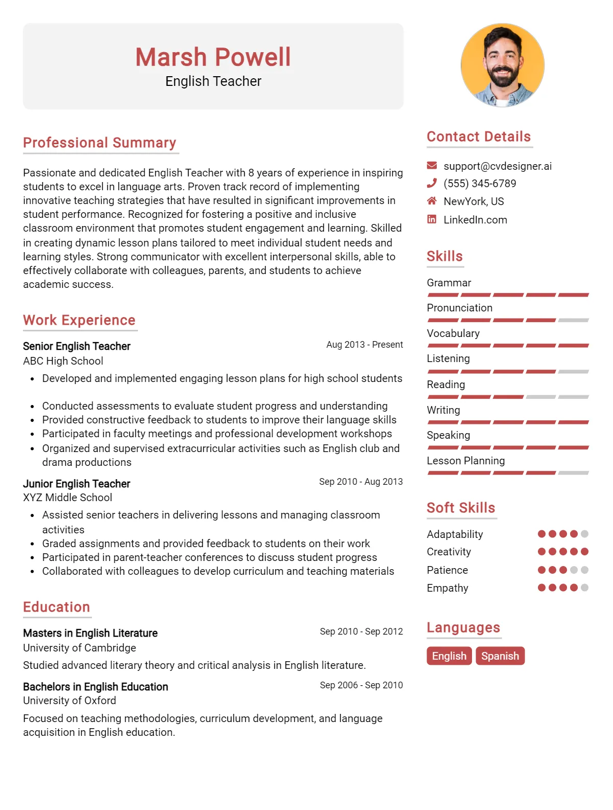 English Teacher CV Example For 2026: Free Downloadable Templates Preview