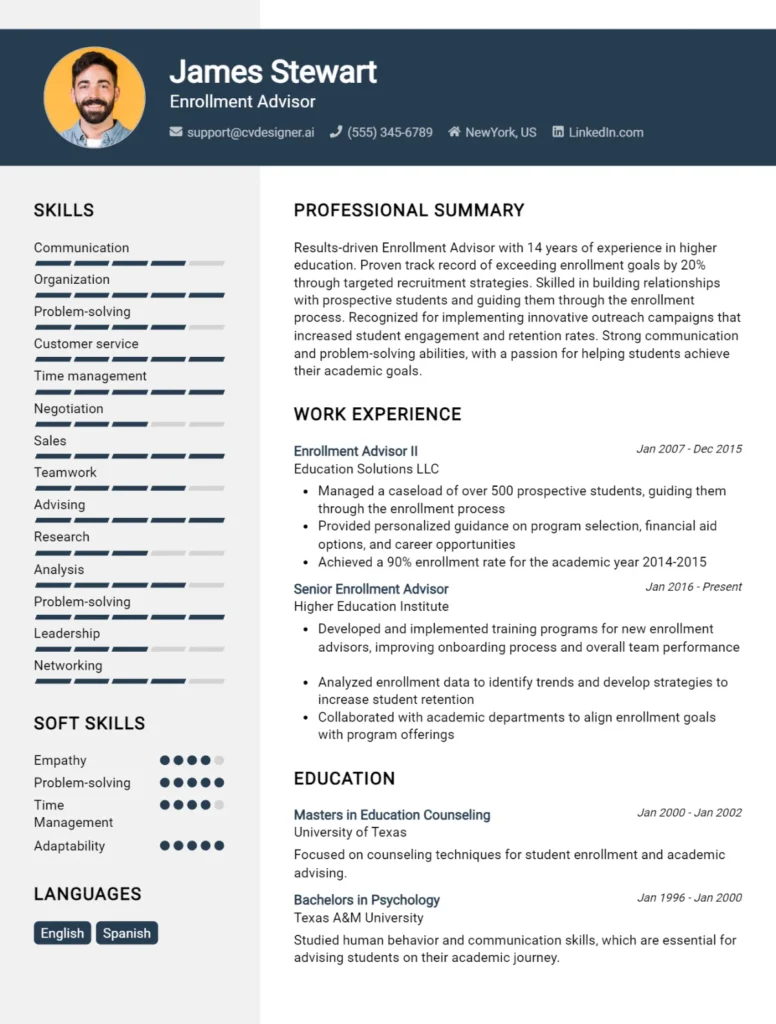 Enrollment Advisor CV Example
