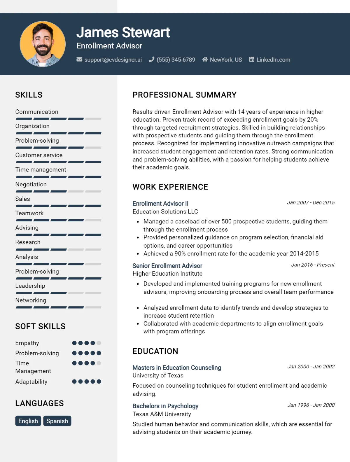 Enrollment Advisor CV Example For 2026: Free Professional Templates Preview