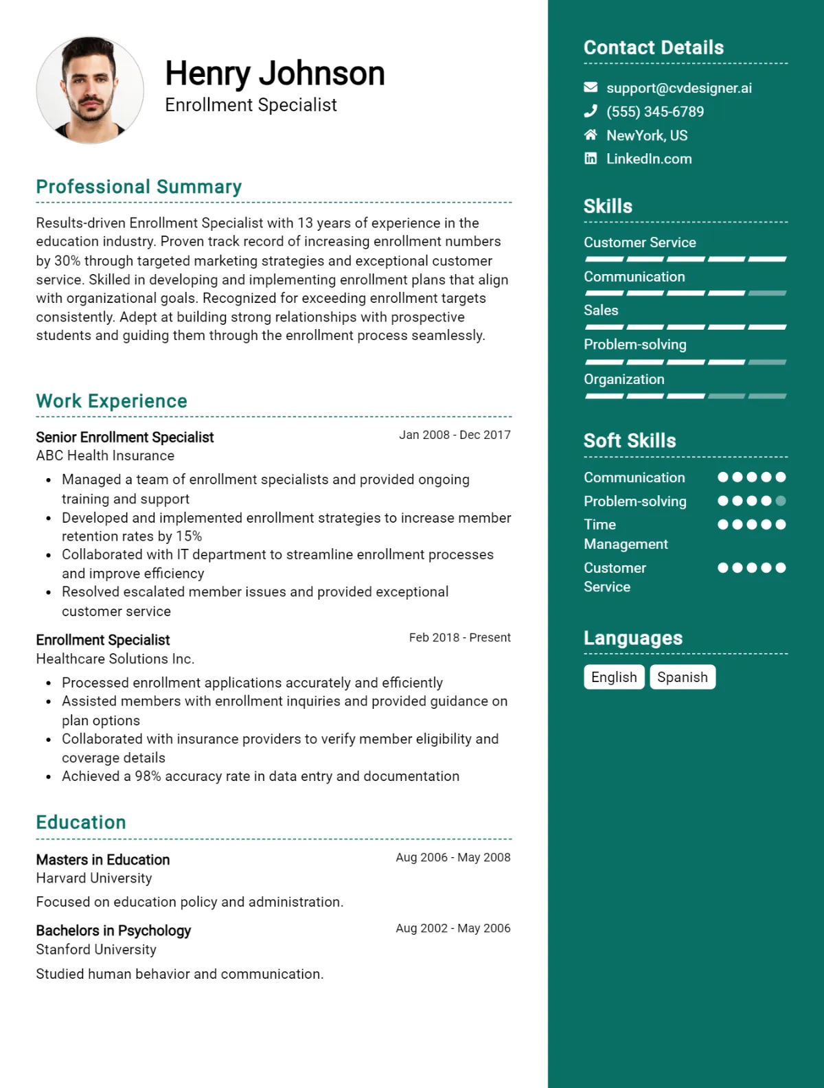 Enrollment Specialist CV Example For 2026: Examples & Free Templates Preview