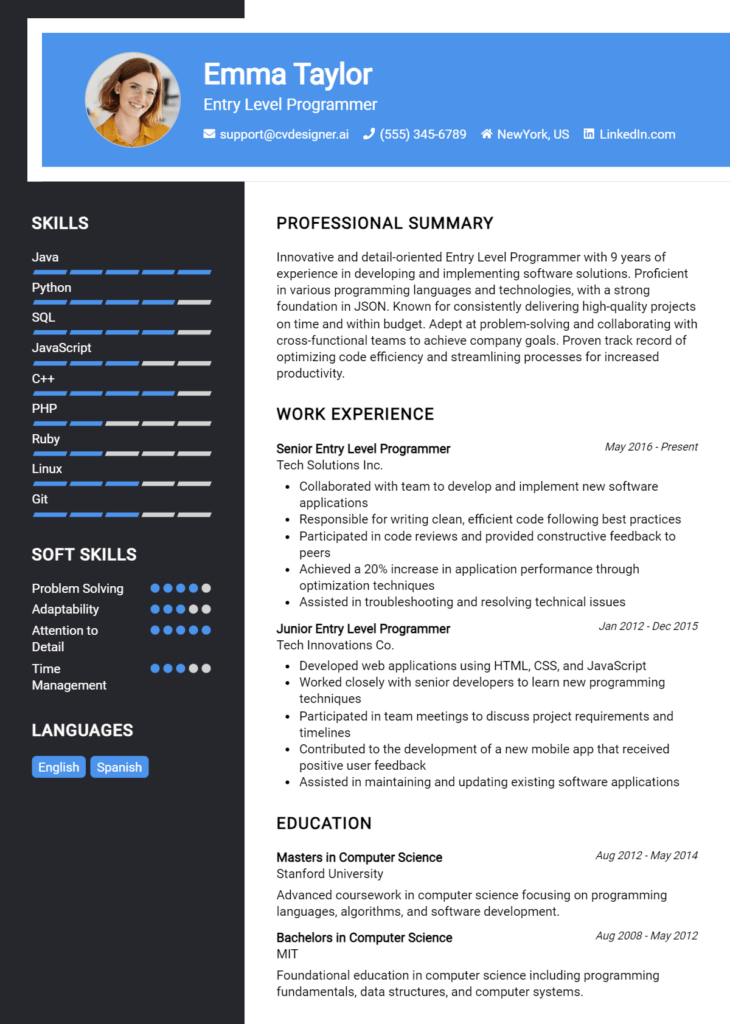 Entry Level Programmer Resume Example