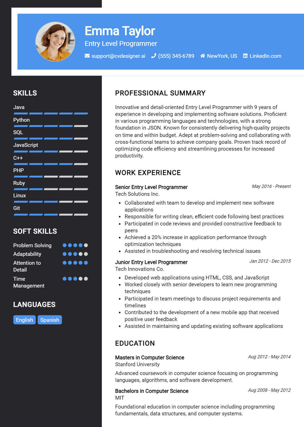 Entry Level Programmer Resume Example for 2026: Free Examples Preview