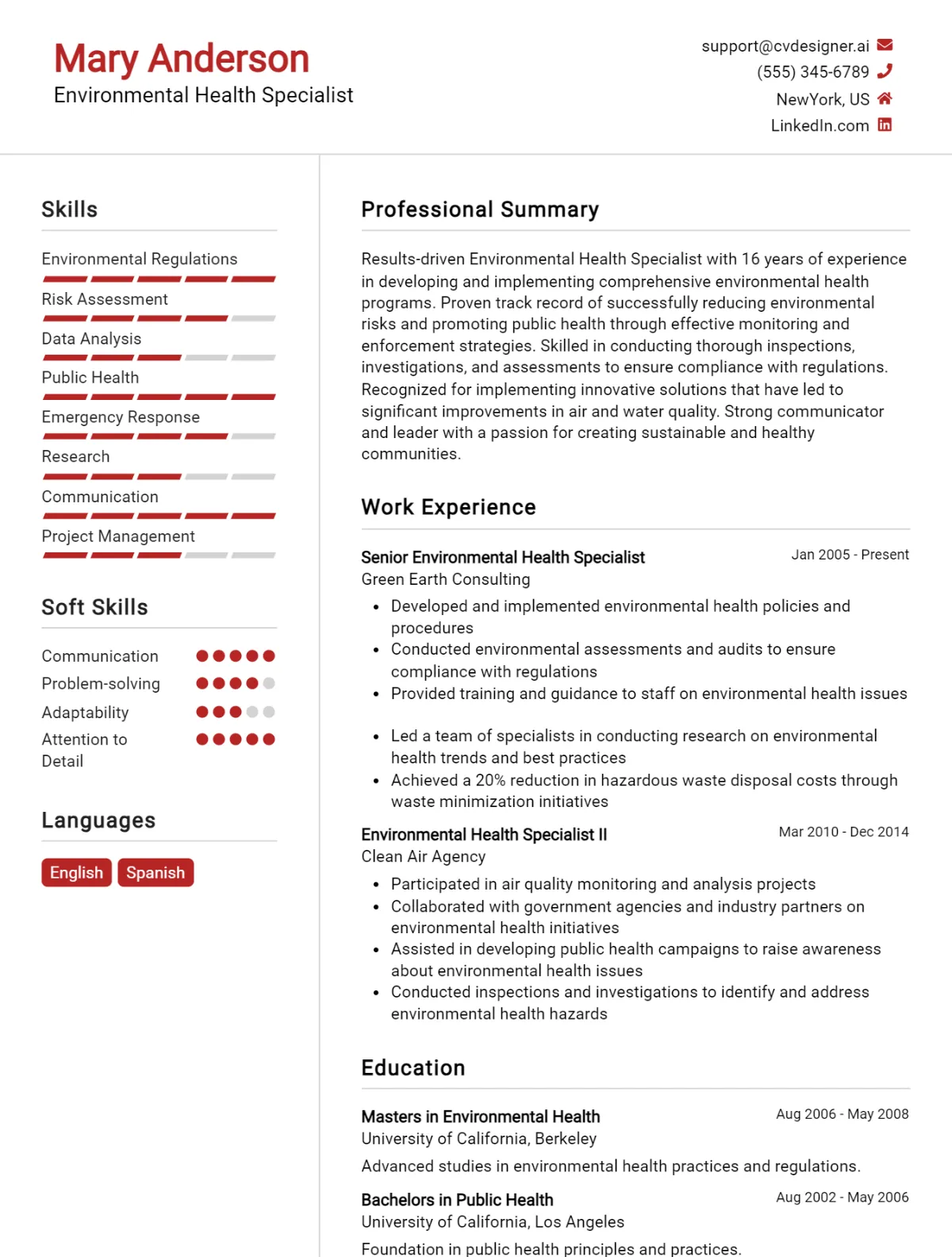 Environmental Health Specialist CV Example For 2026: Proven Tips & Templates Preview