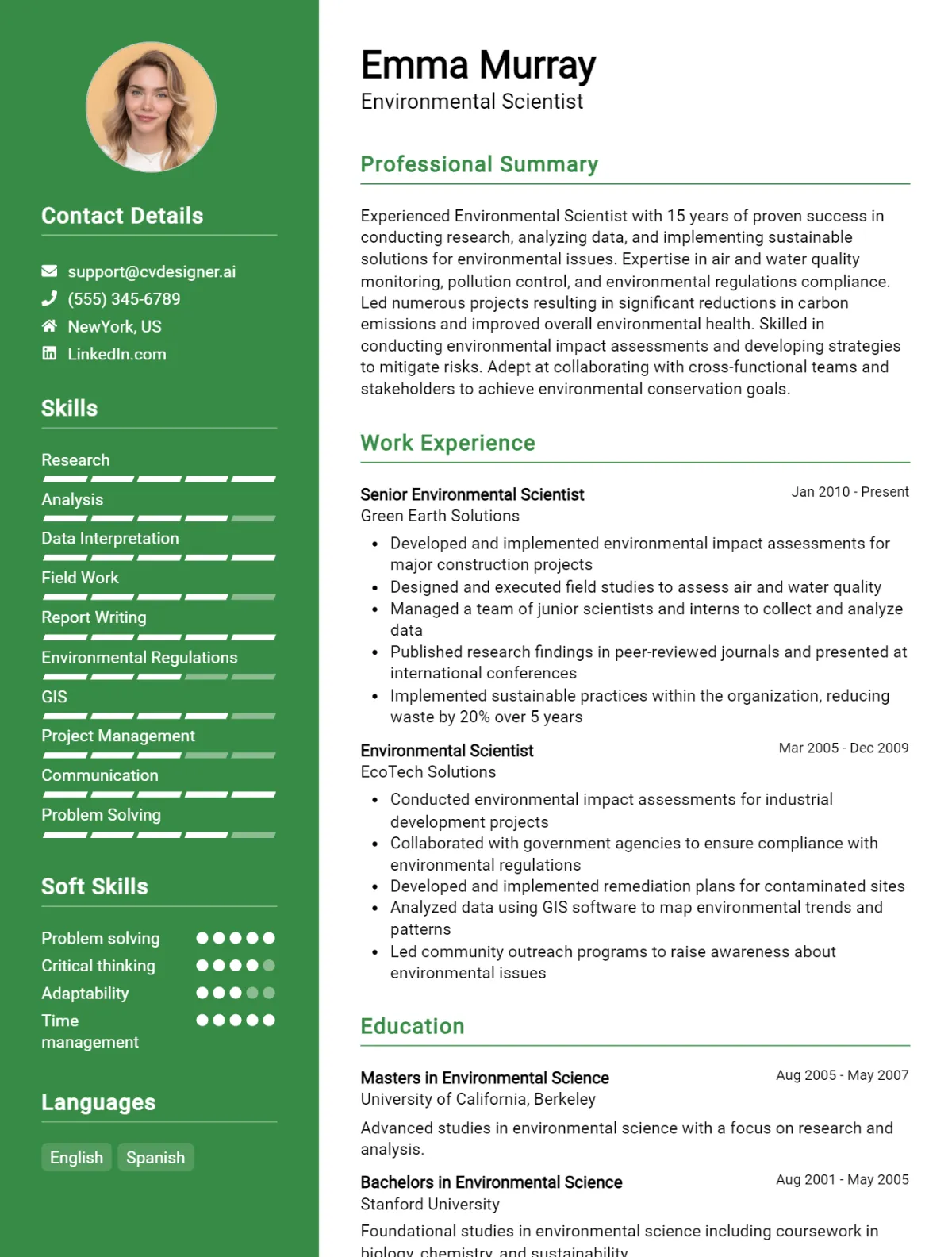 Environmental Scientist CV Example For 2026: Free Professional Templates Preview