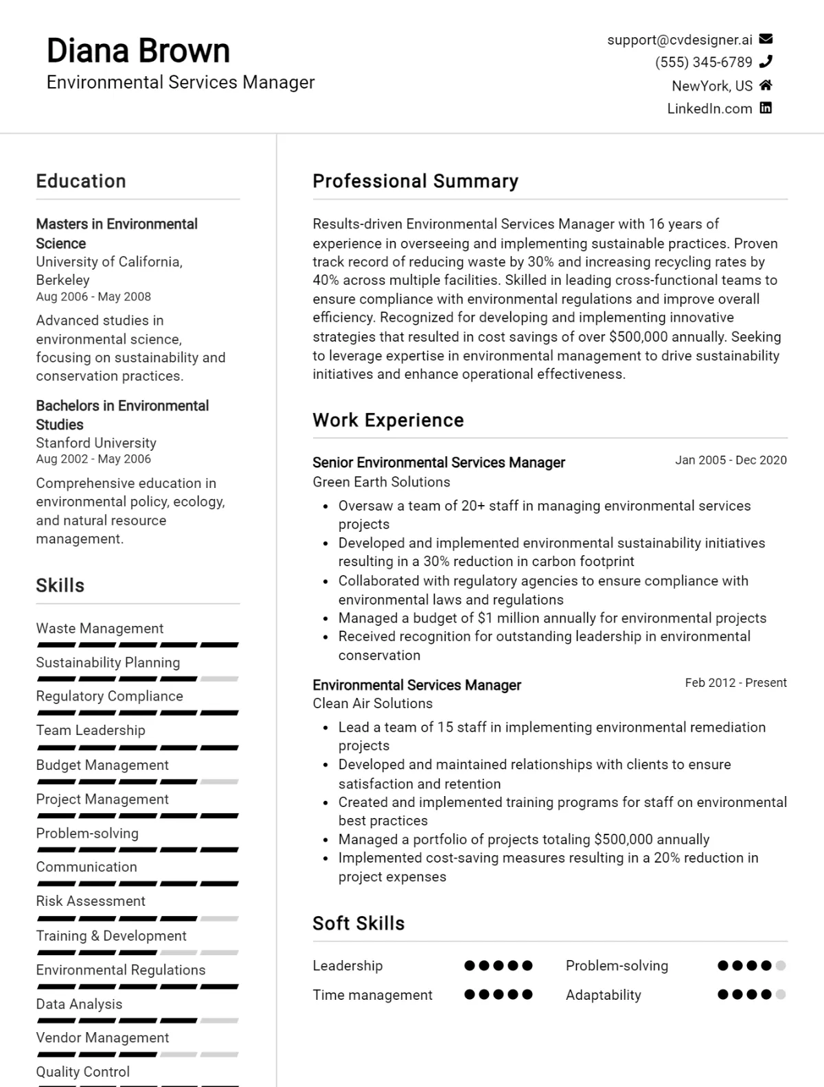 Environmental Services Manager CV Example For 2026: Samples & Best Practices Preview