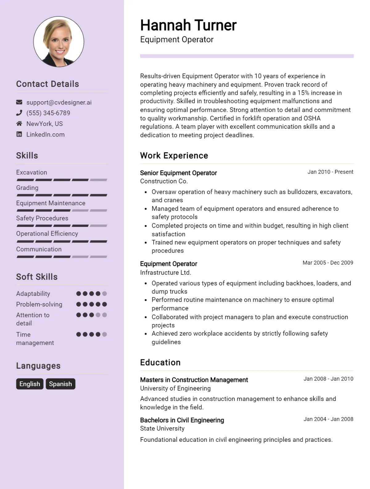 Equipment Operator CV Example For 2026: Free Professional Templates Preview