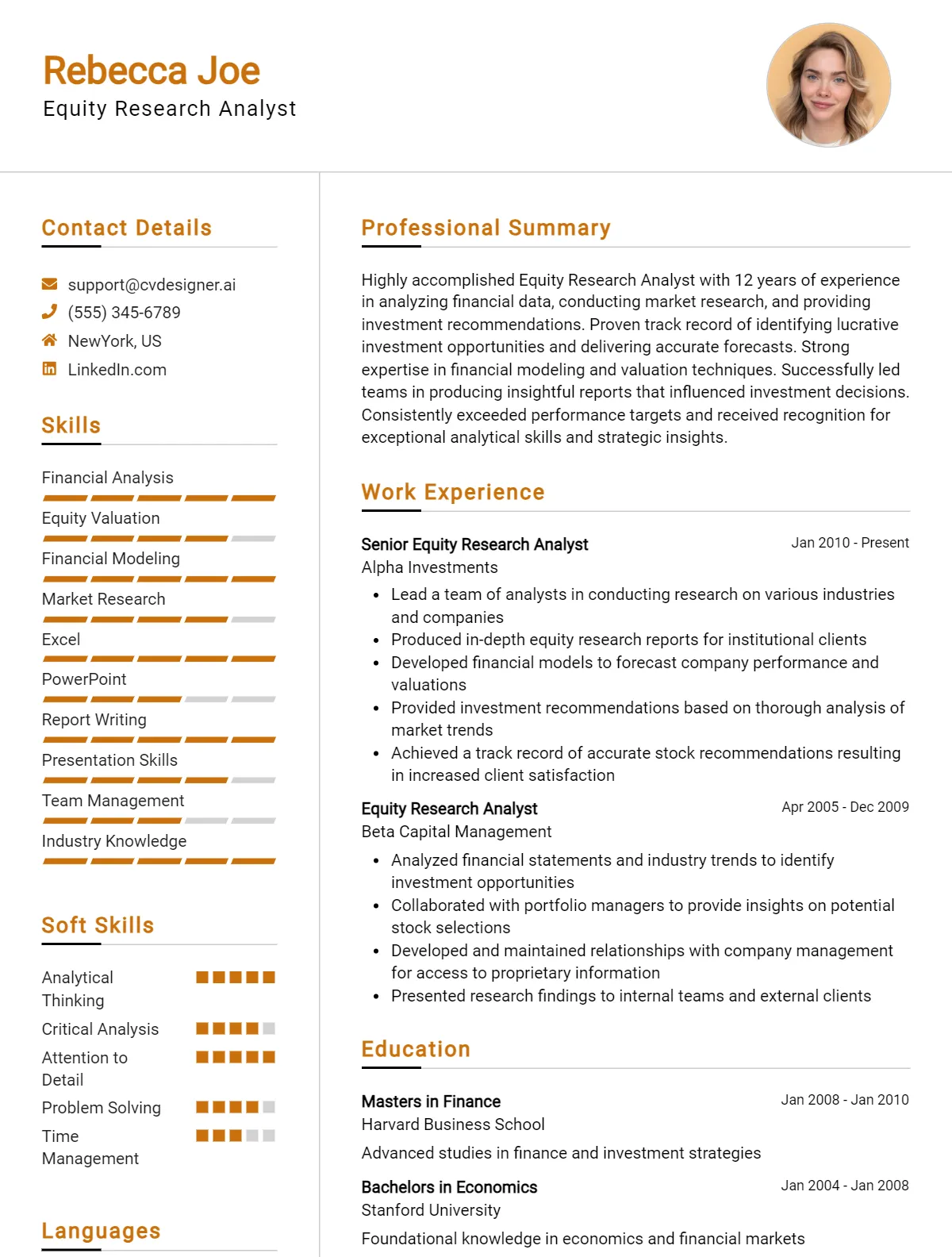 Equity Research Analyst CV Example for 2026: Top Sample Templates Preview