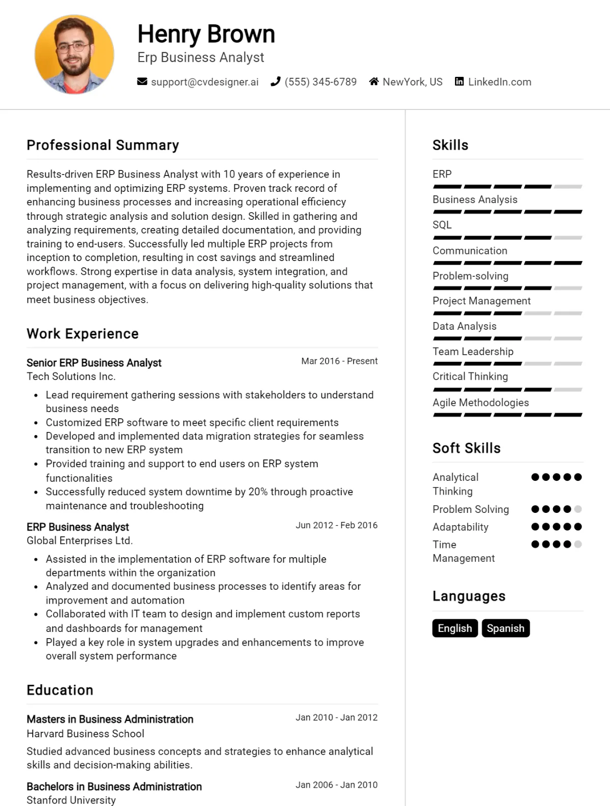 ERP Business Analyst CV Example For 2026: Top CV Skills Preview