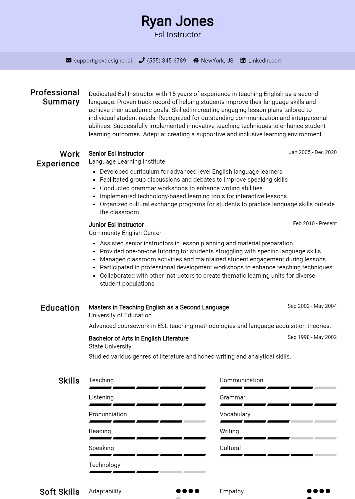 ESL Instructor Resume Example for 2026: Professional CV Templates Preview