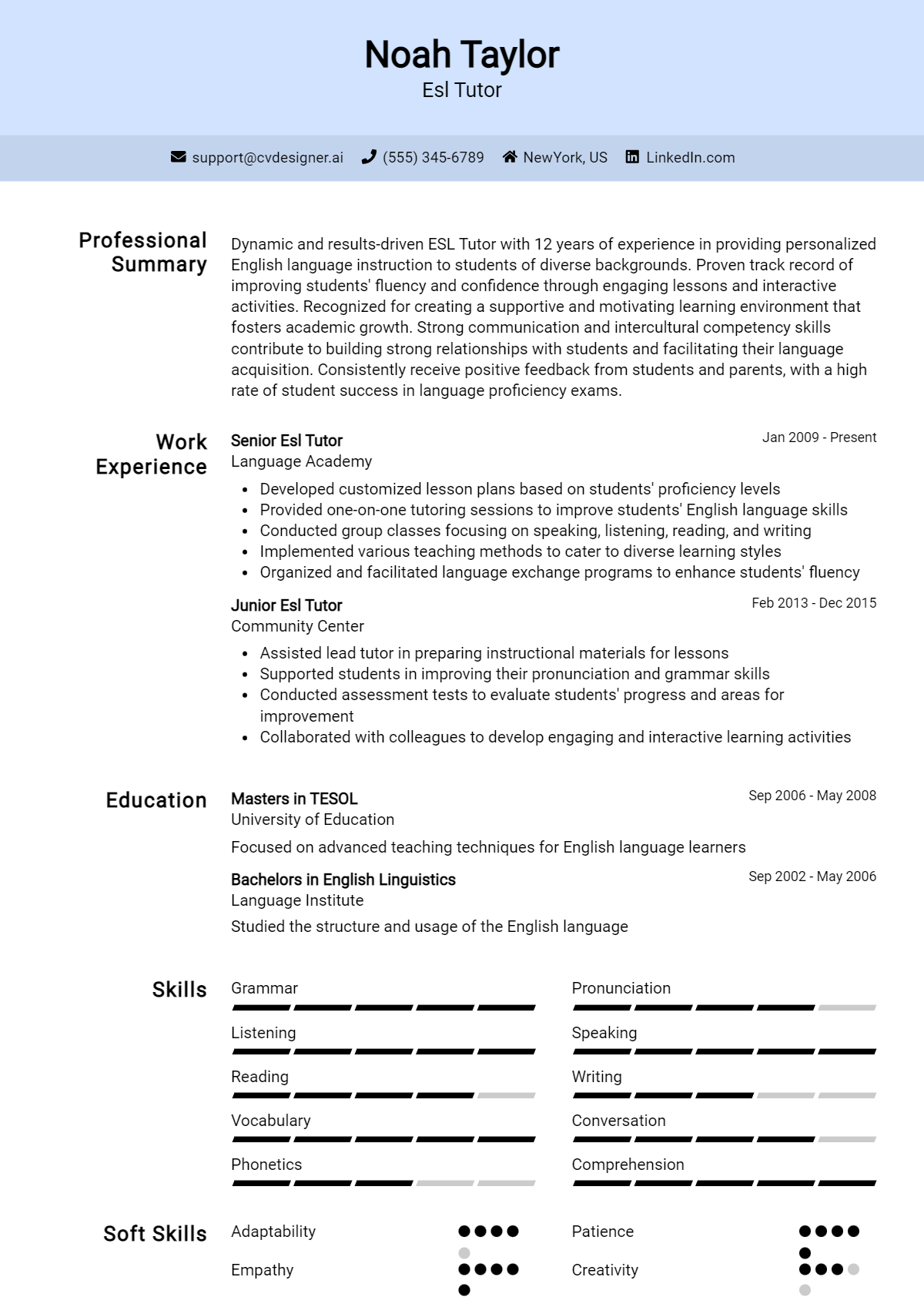 ESL Tutor Resume Example for 2026: How to Create a Professional CV Preview