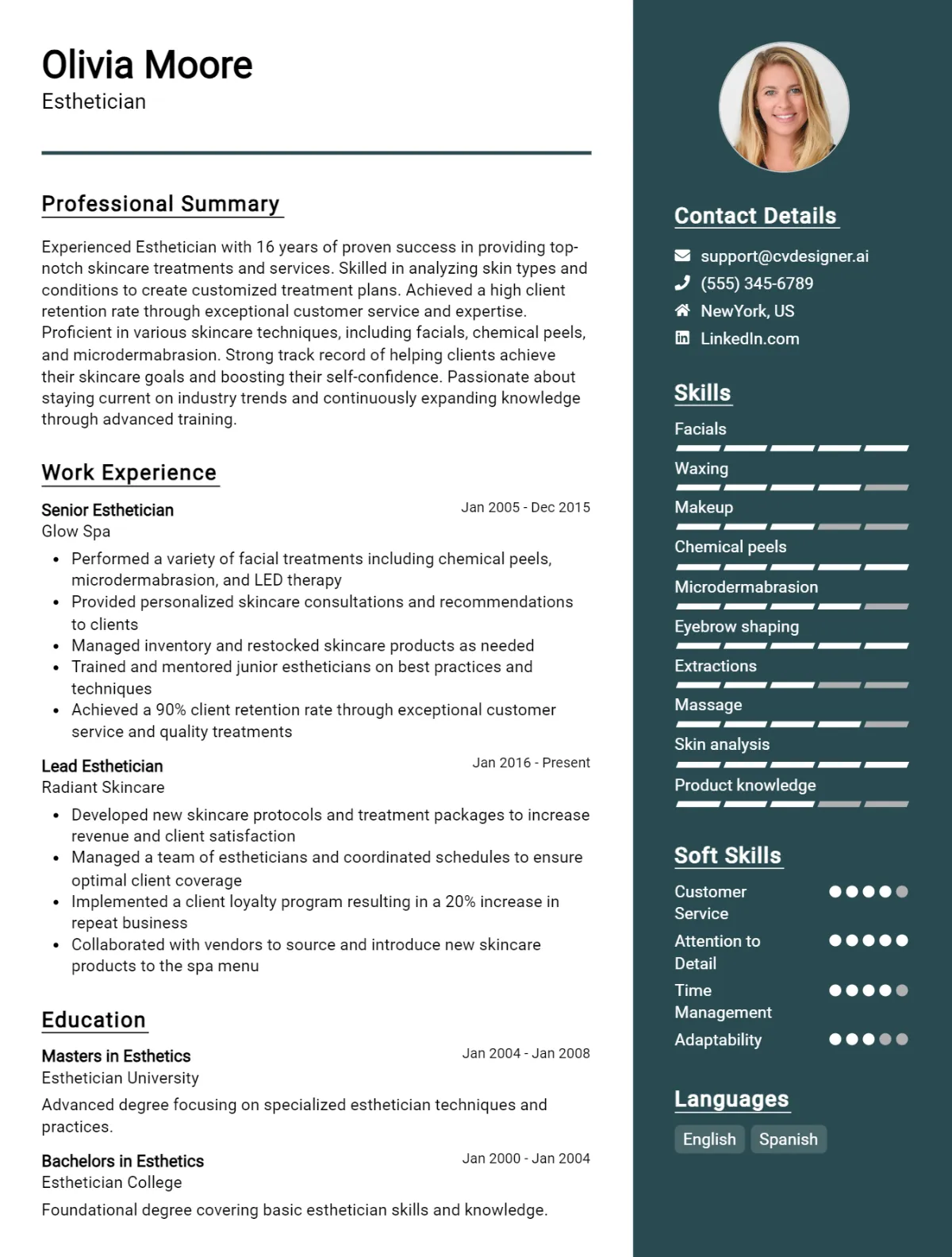 Esthetician CV Example For 2026: Samples & Best Practices Preview