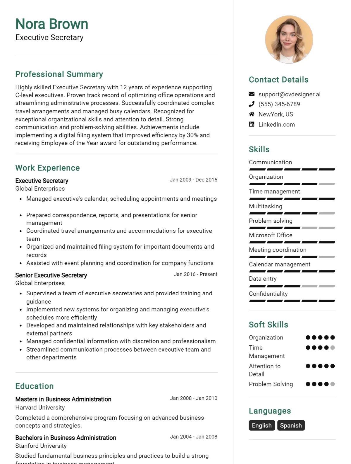 Executive Secretary CV Example For 2026: Top CV Skills Preview