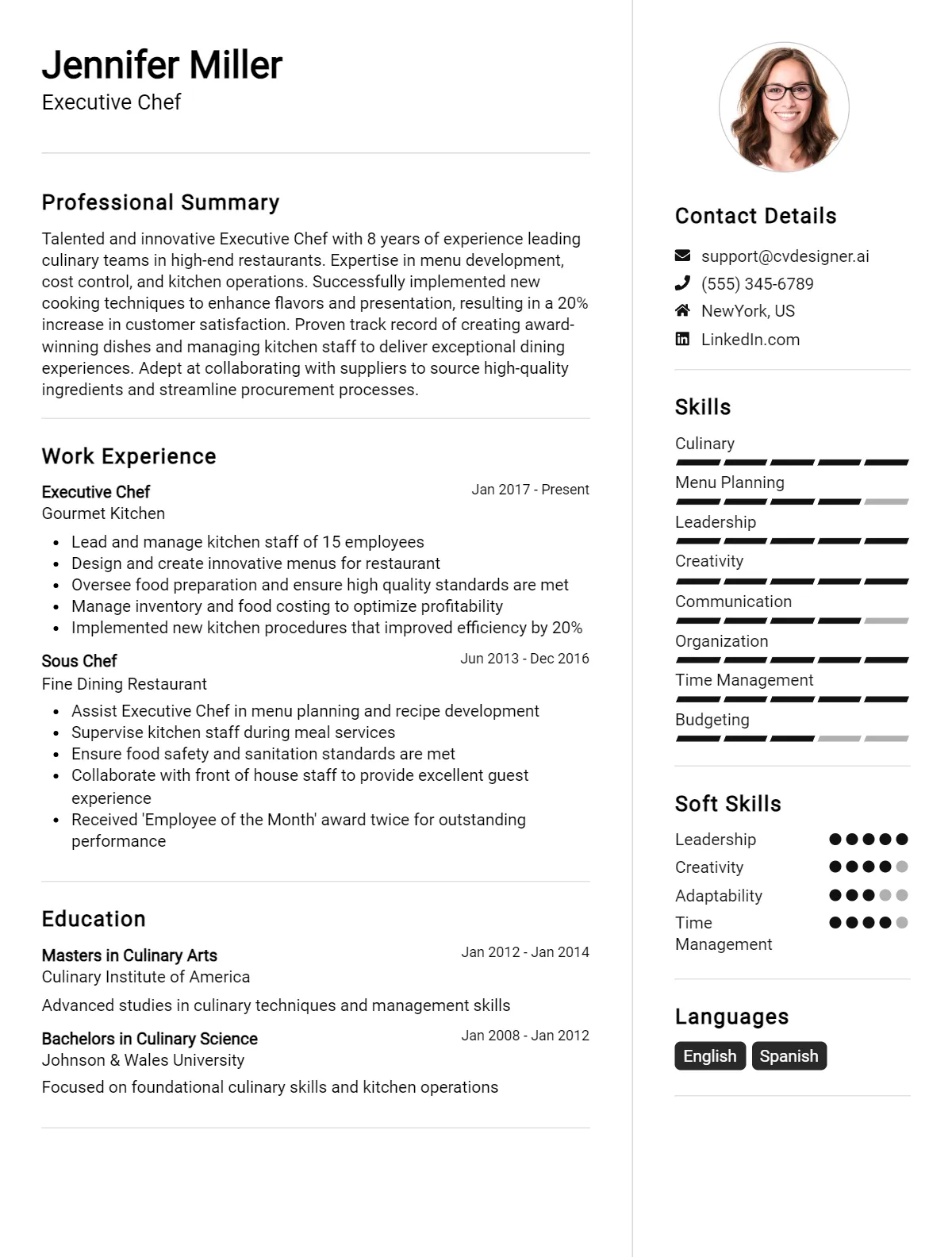 Executive Chef CV Example For 2026: Free Professional Templates Preview