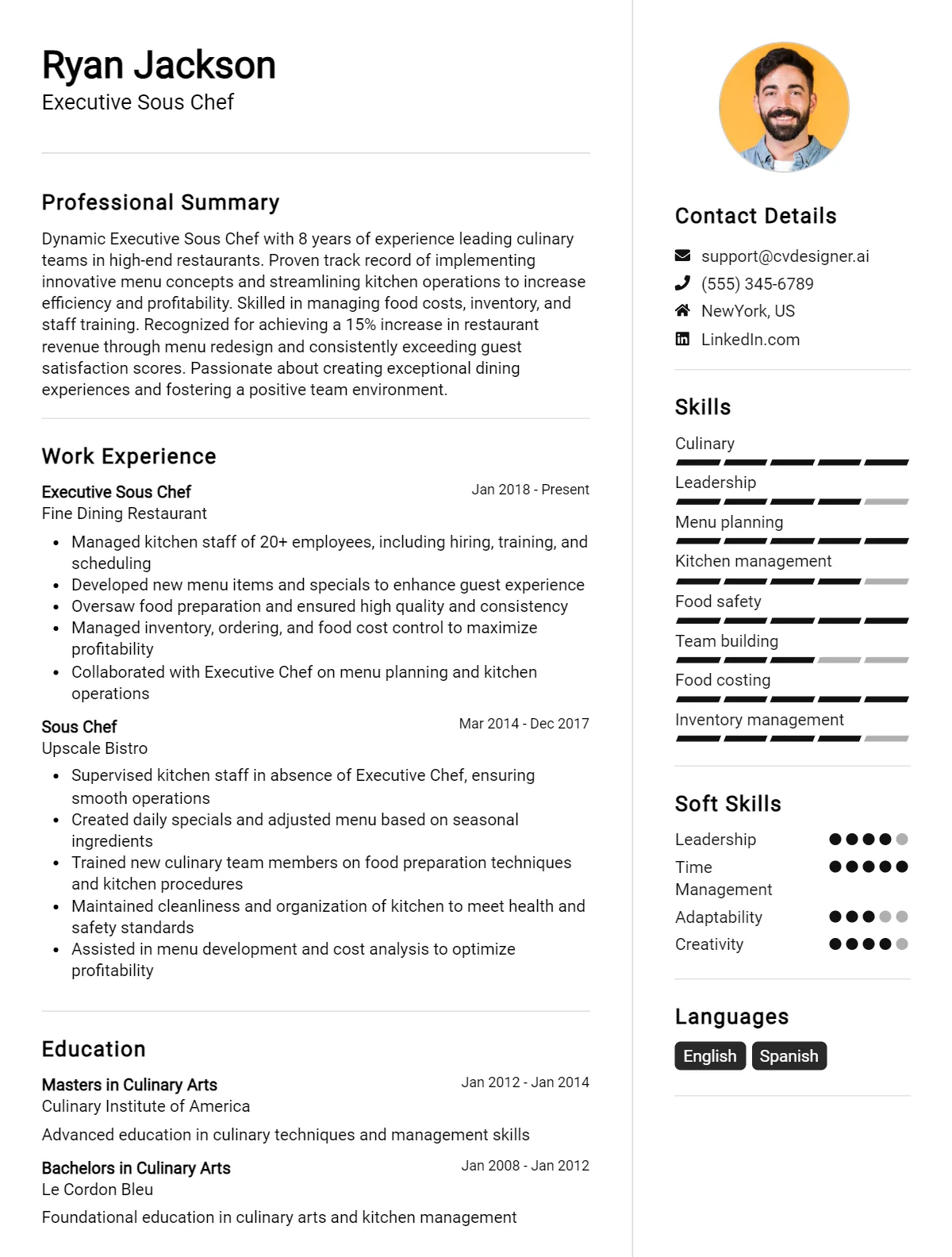 Executive Sous Chef CV Example For 2026: Samples & Best Practices Preview