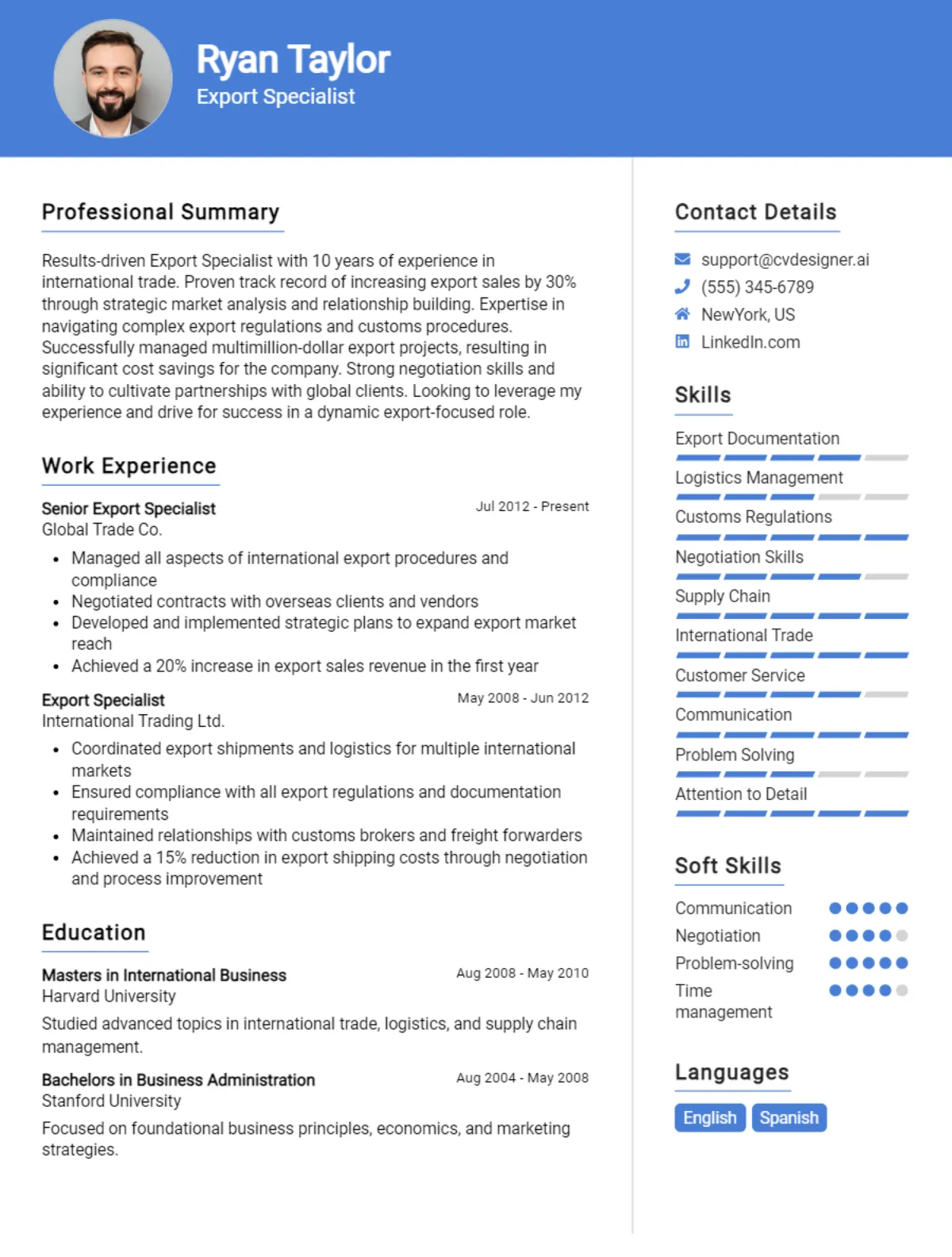 Export Specialist CV Example For 2026: Free Downloadable Templates Preview
