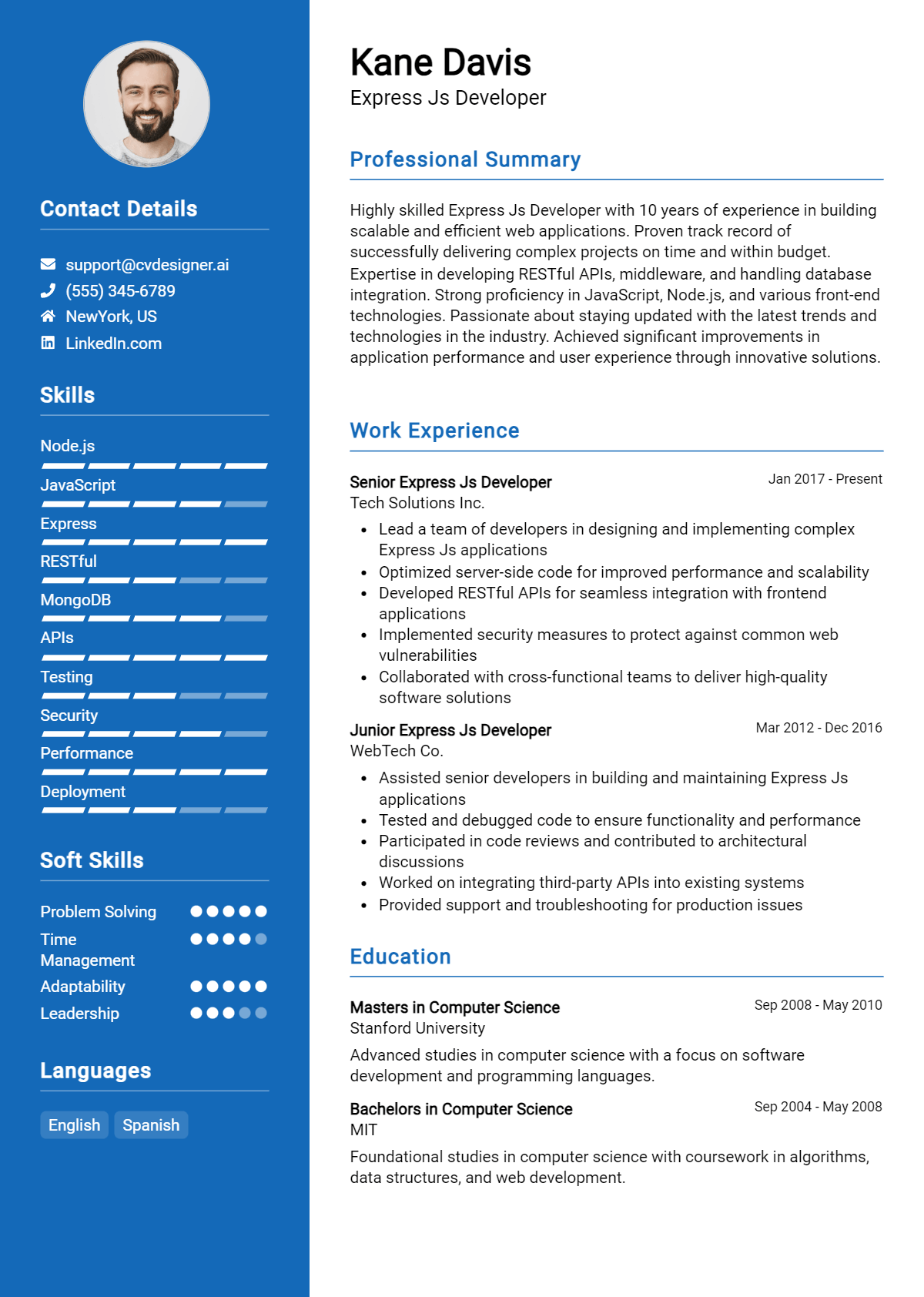Express JS Developer Resume Example for 2026: Free Templates Preview