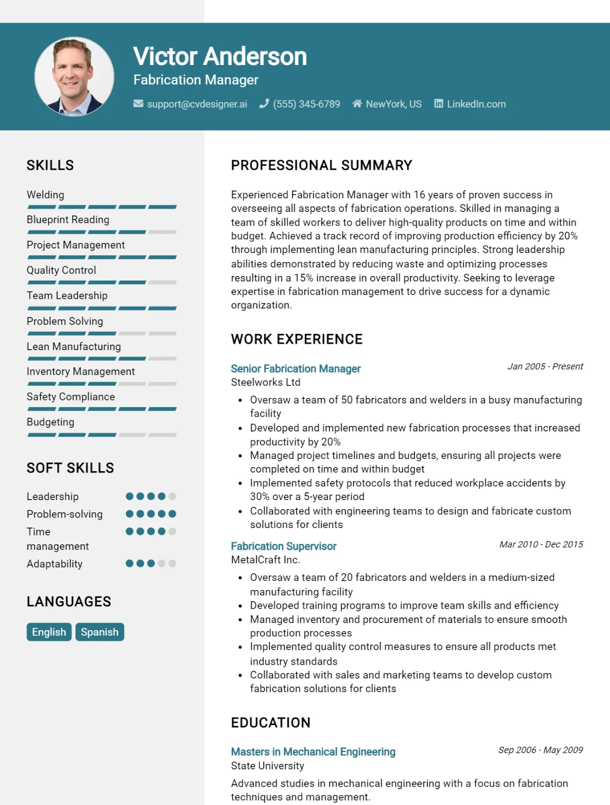 Fabrication Manager CV Example For 2026: Strategies & Templates Preview