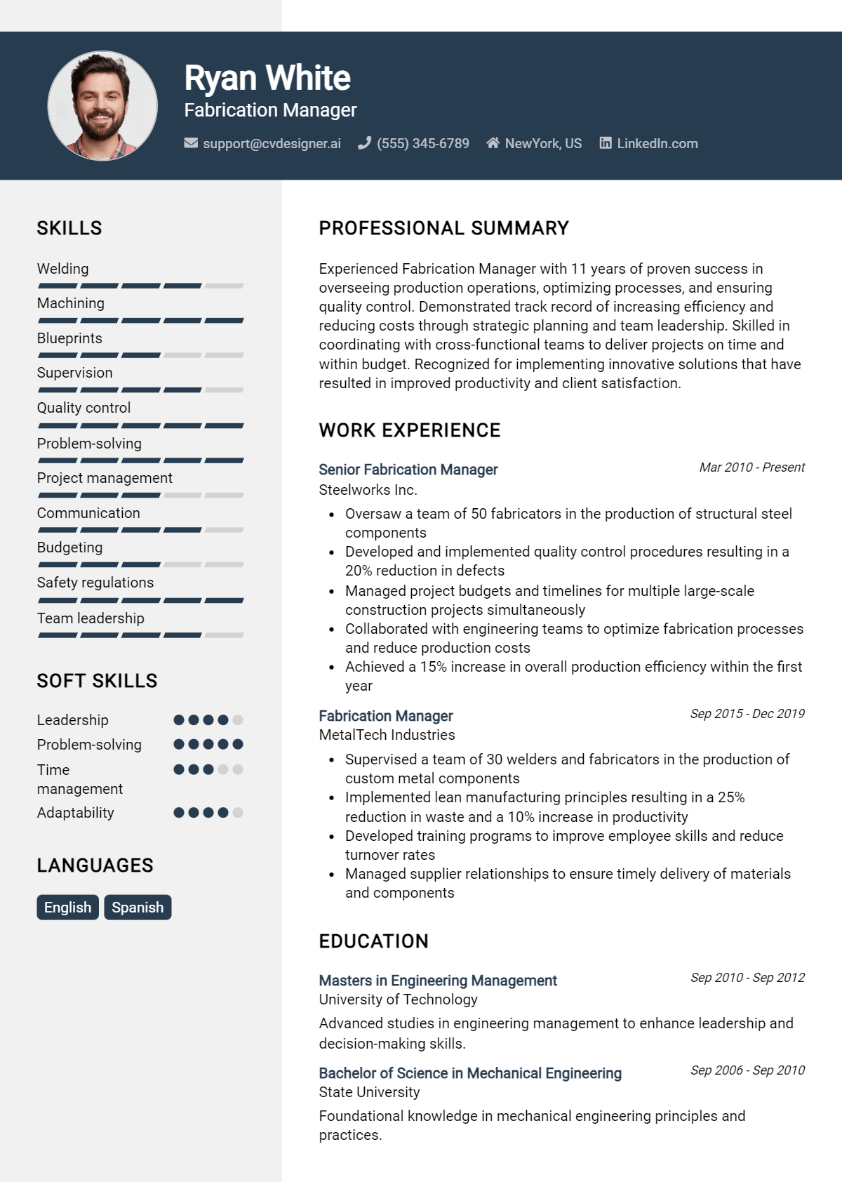 Fabrication Manager Resume Example for 2026: Examples & Free Templates Preview