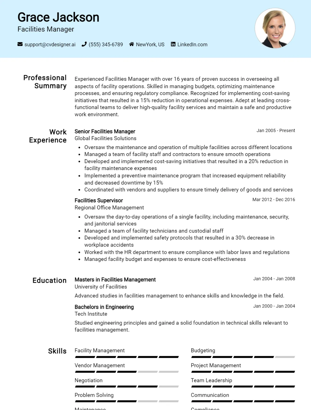 Facilities Manager CV Example For 2026: Free Professional Templates Preview