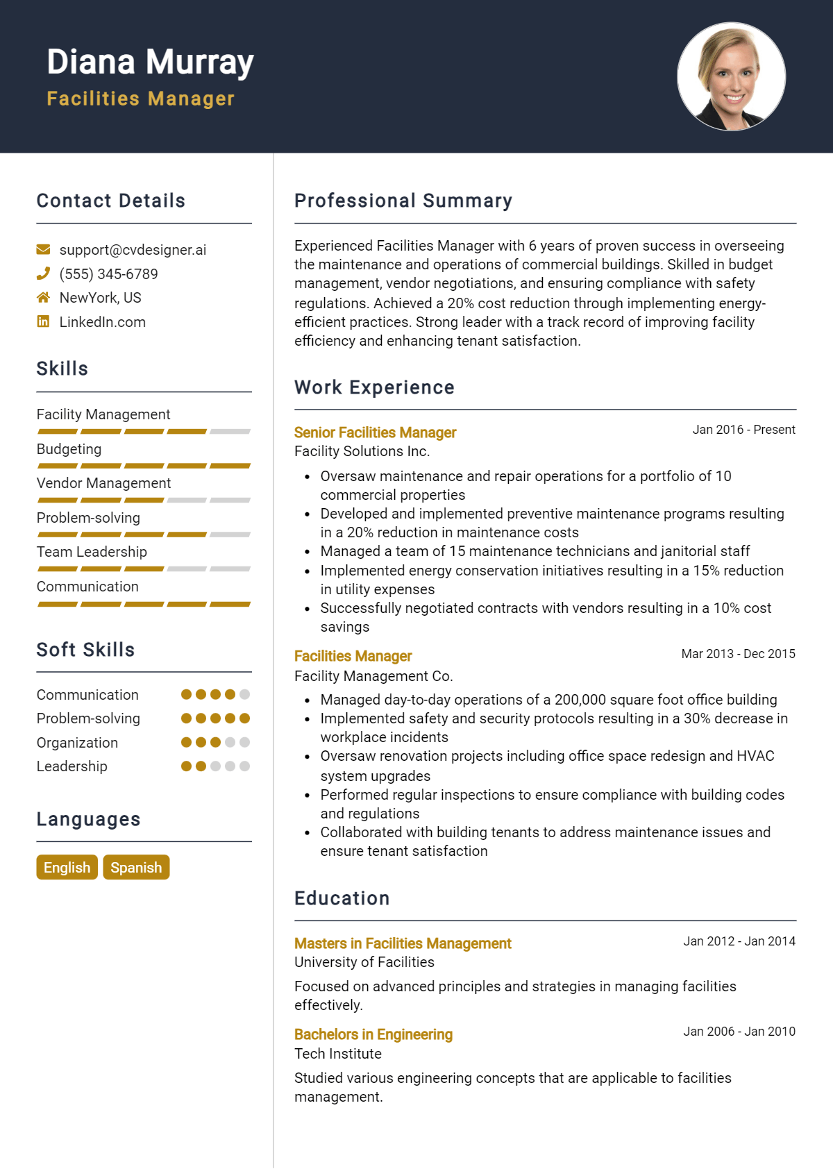 Facilities Manager Resume Example for 2026: Free Examples Preview