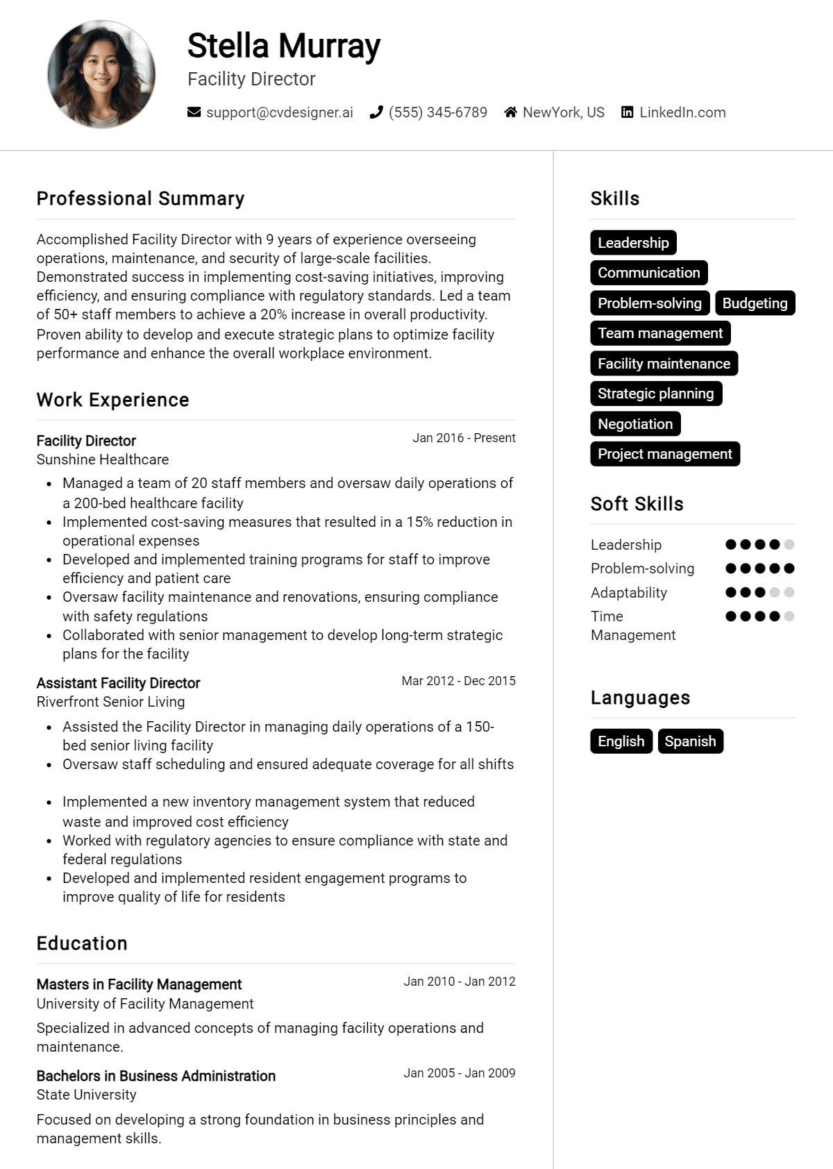 Facility Director CV Example For 2026: How to Create a Professional CV Preview
