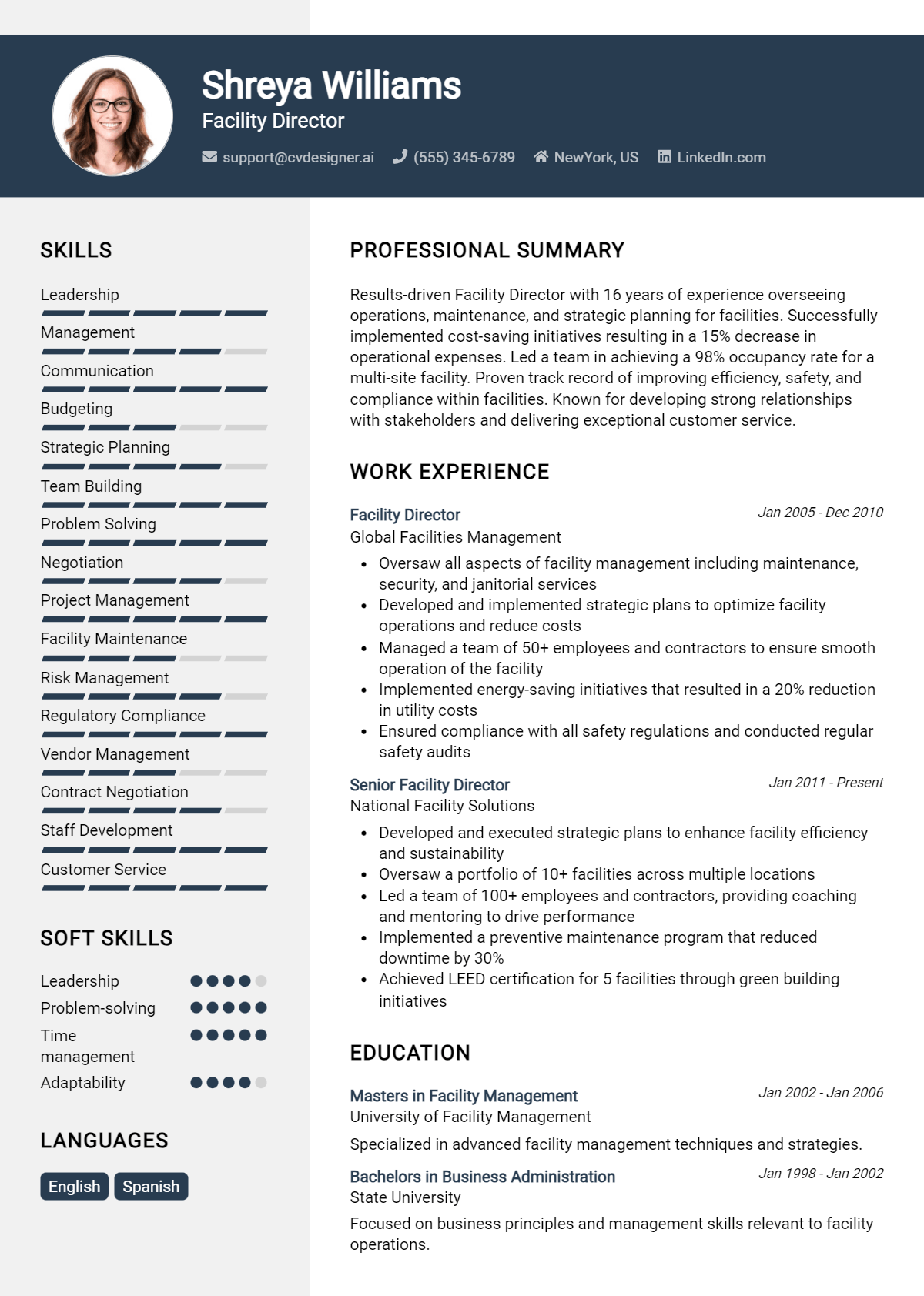 Facility Director Resume Example for 2026: Free Samples Preview