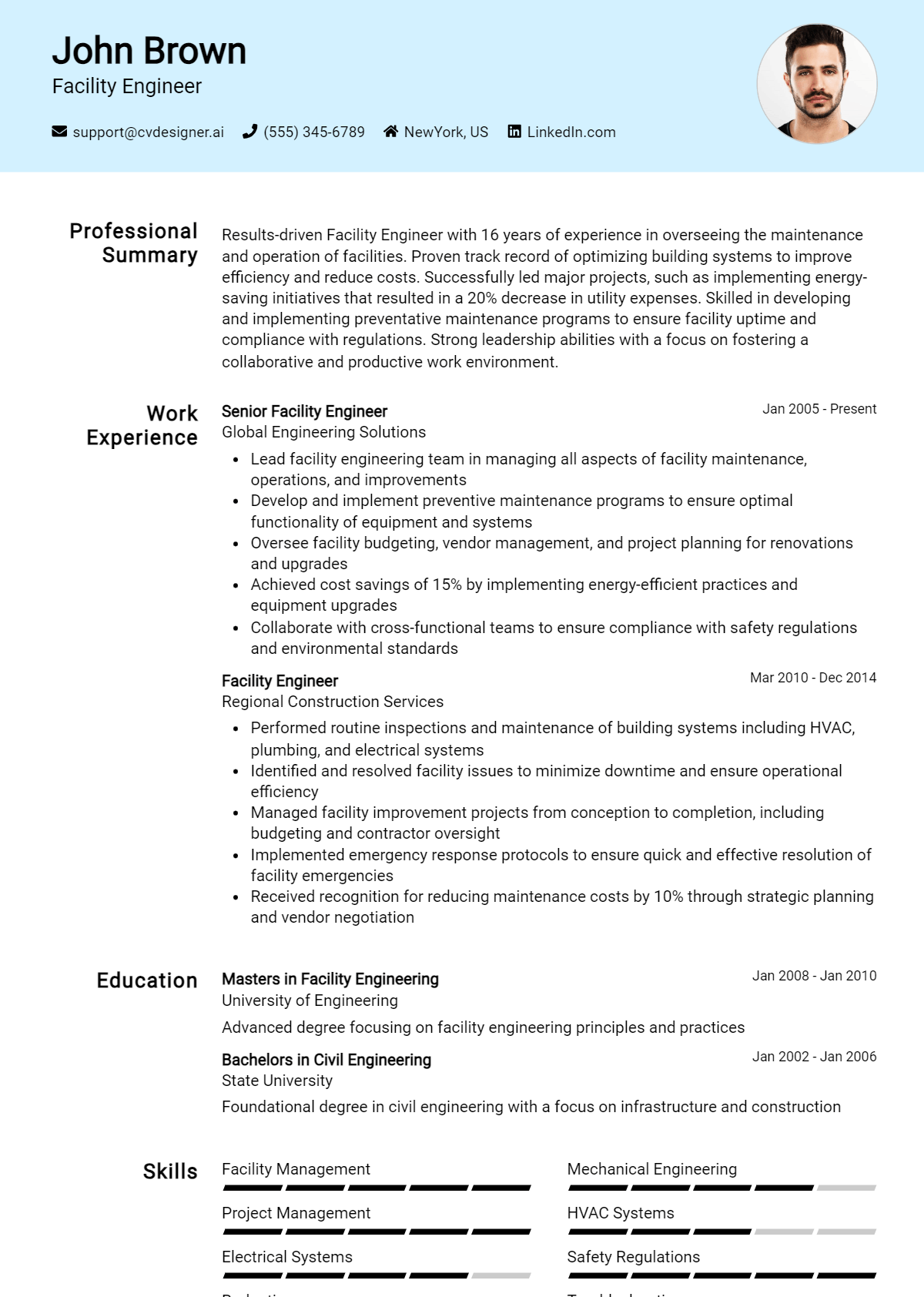 Facility Engineer Resume Example for 2026: Top CV Skills Preview