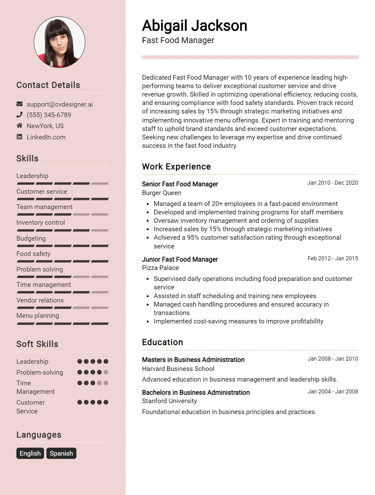 Fast Food Manager CV Example For 2026: Professional CV Templates Preview