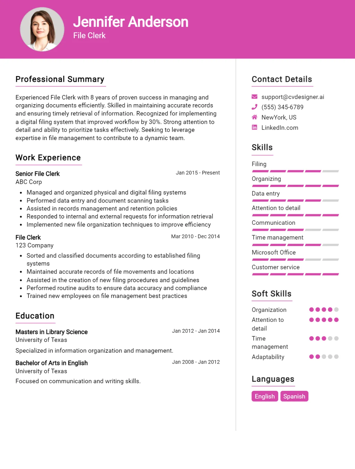 File Clerk CV Example For 2026: Free Professional Templates Preview