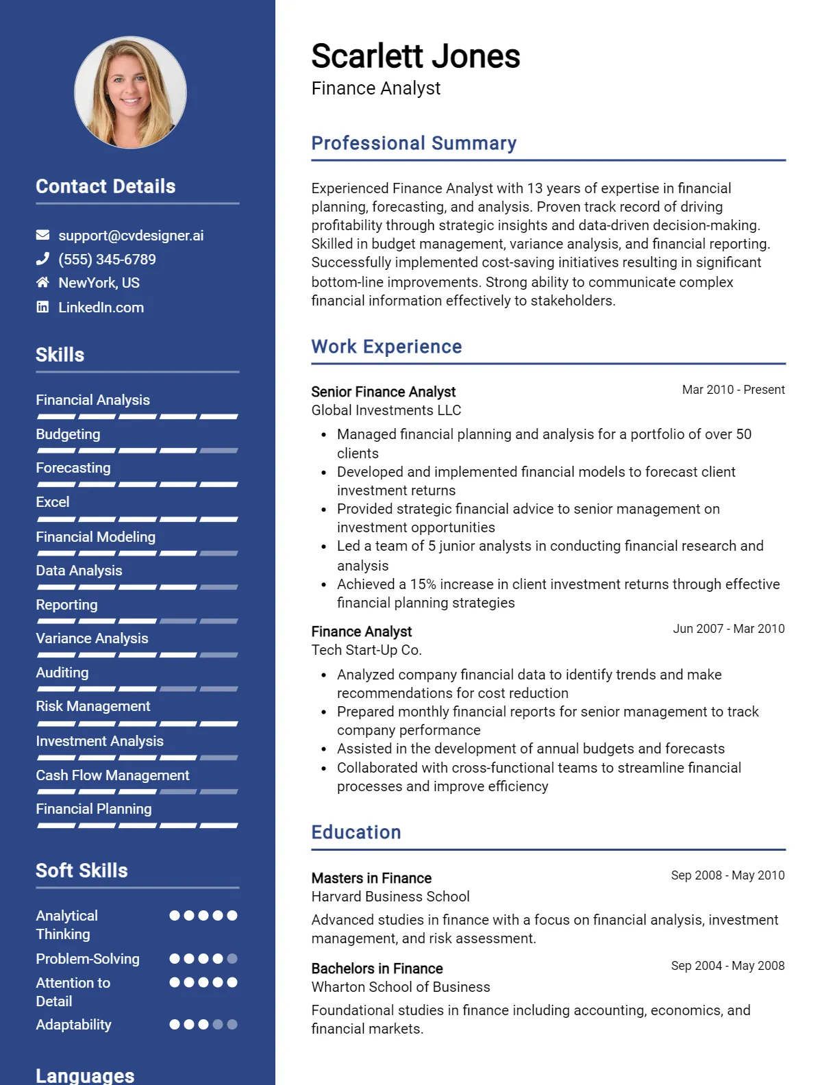 Finance Analyst CV Example For 2026: Free Professional Templates Preview
