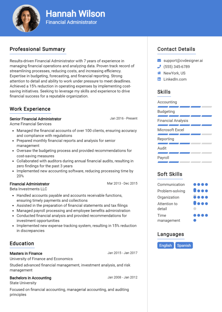 Financial Administrator Resume Example
